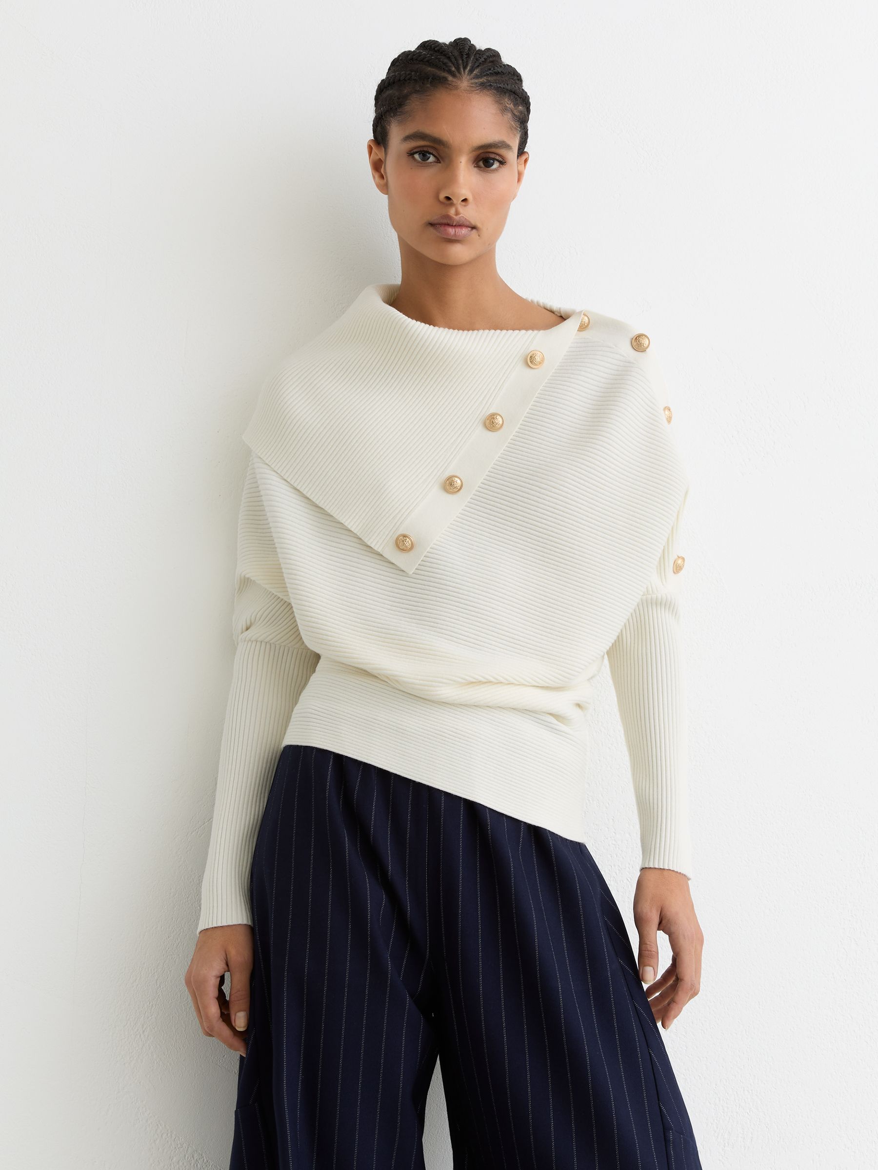 Rib-Knit Button Shawl Jumper in Ivory - Image 6 of 7