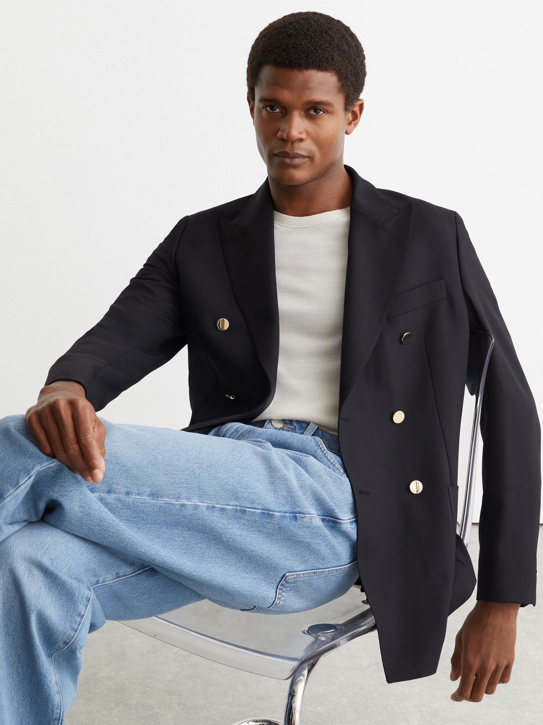 Hopsack Double-Breasted Blazer Classic-Fit with Wool in Navy - Image 1 of 8