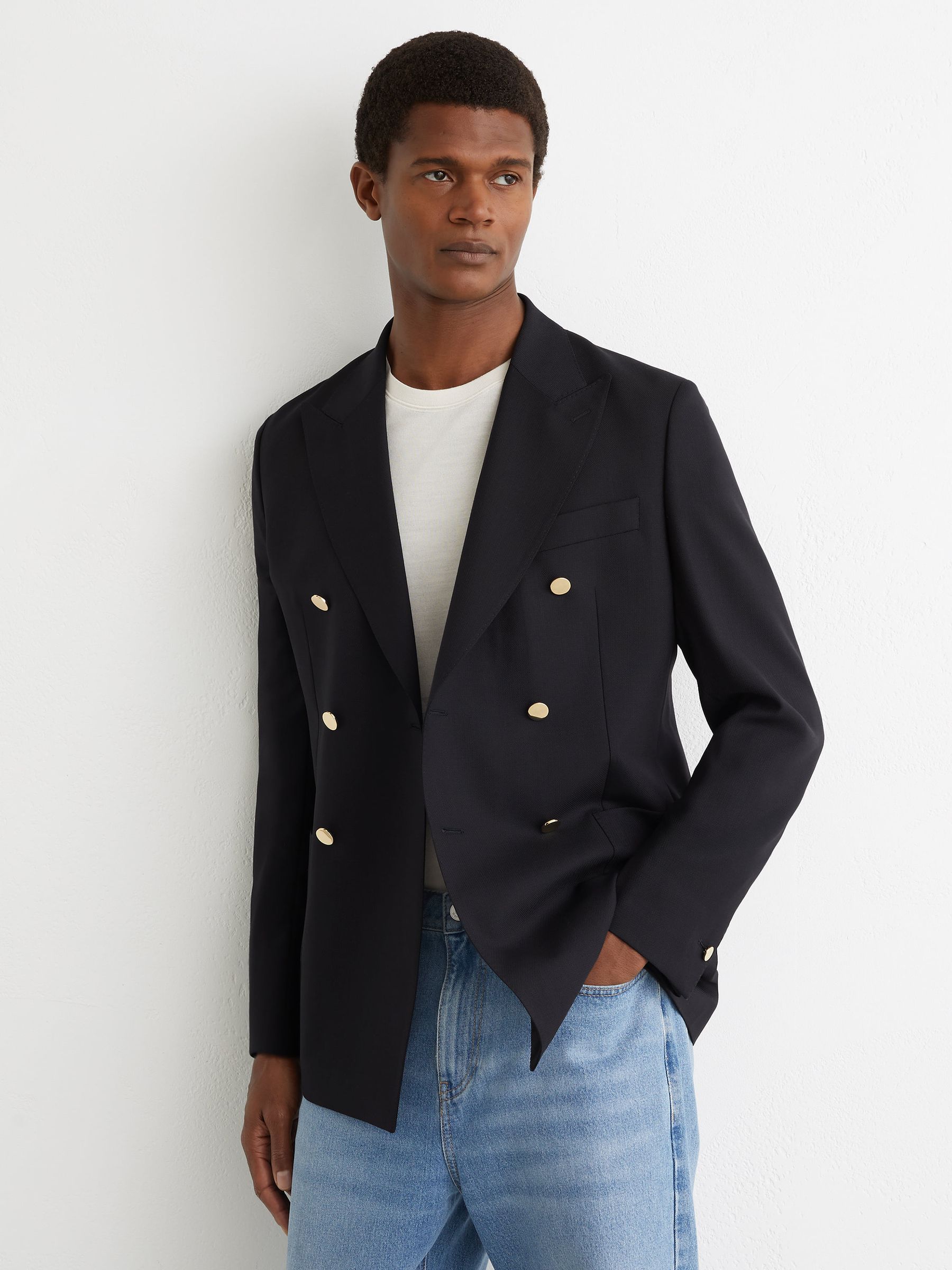 Reiss Hopsack Double-Breasted Blazer Classic-Fit with Wool in Navy