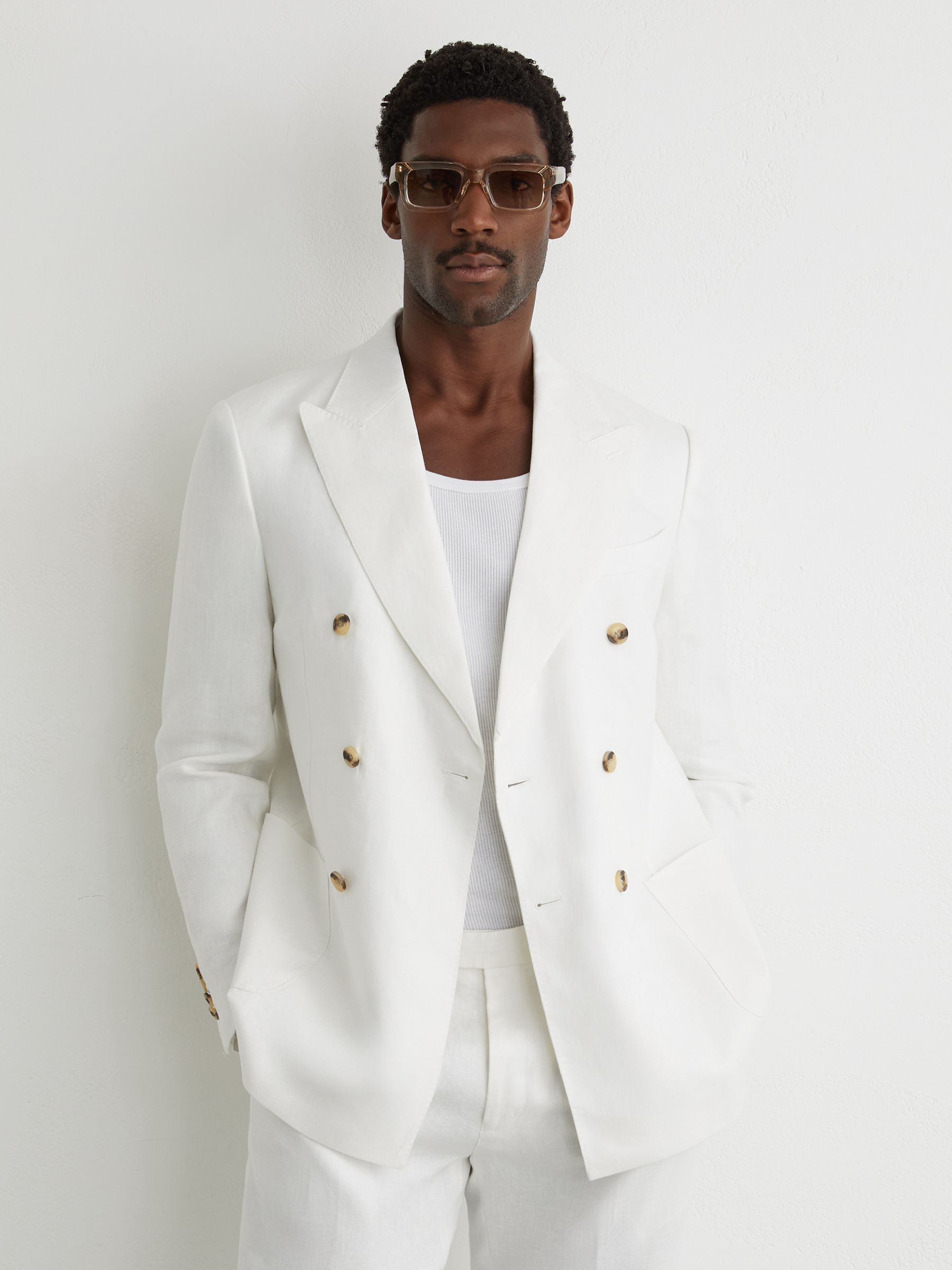 Linen-Twill Double-Breasted Tailored-Fit Blazer in White - Image 1 of 8