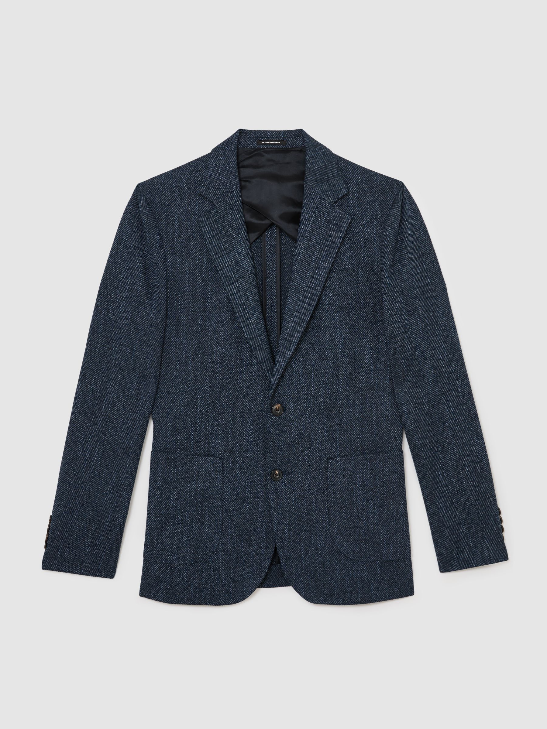 Single-Breasted Herringbone Blazer Tailored-Fit with Cotton in Navy - Image 2 de 8