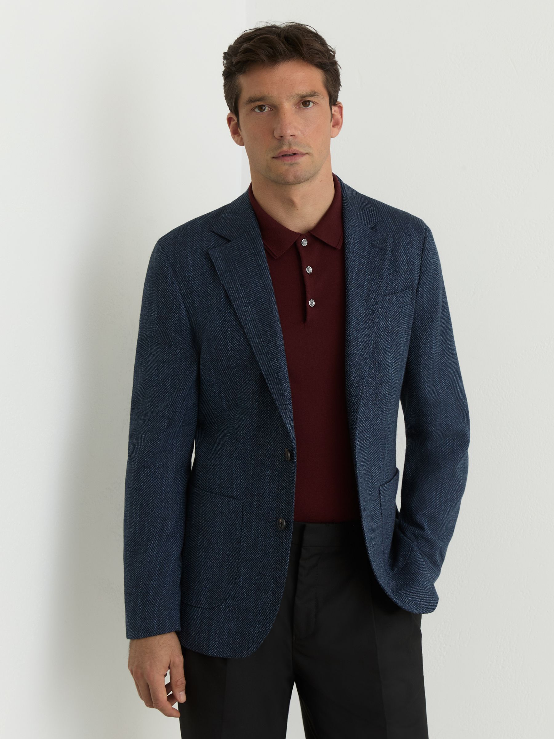 Single-Breasted Herringbone Blazer Tailored-Fit with Cotton in Navy - Image 5 de 8