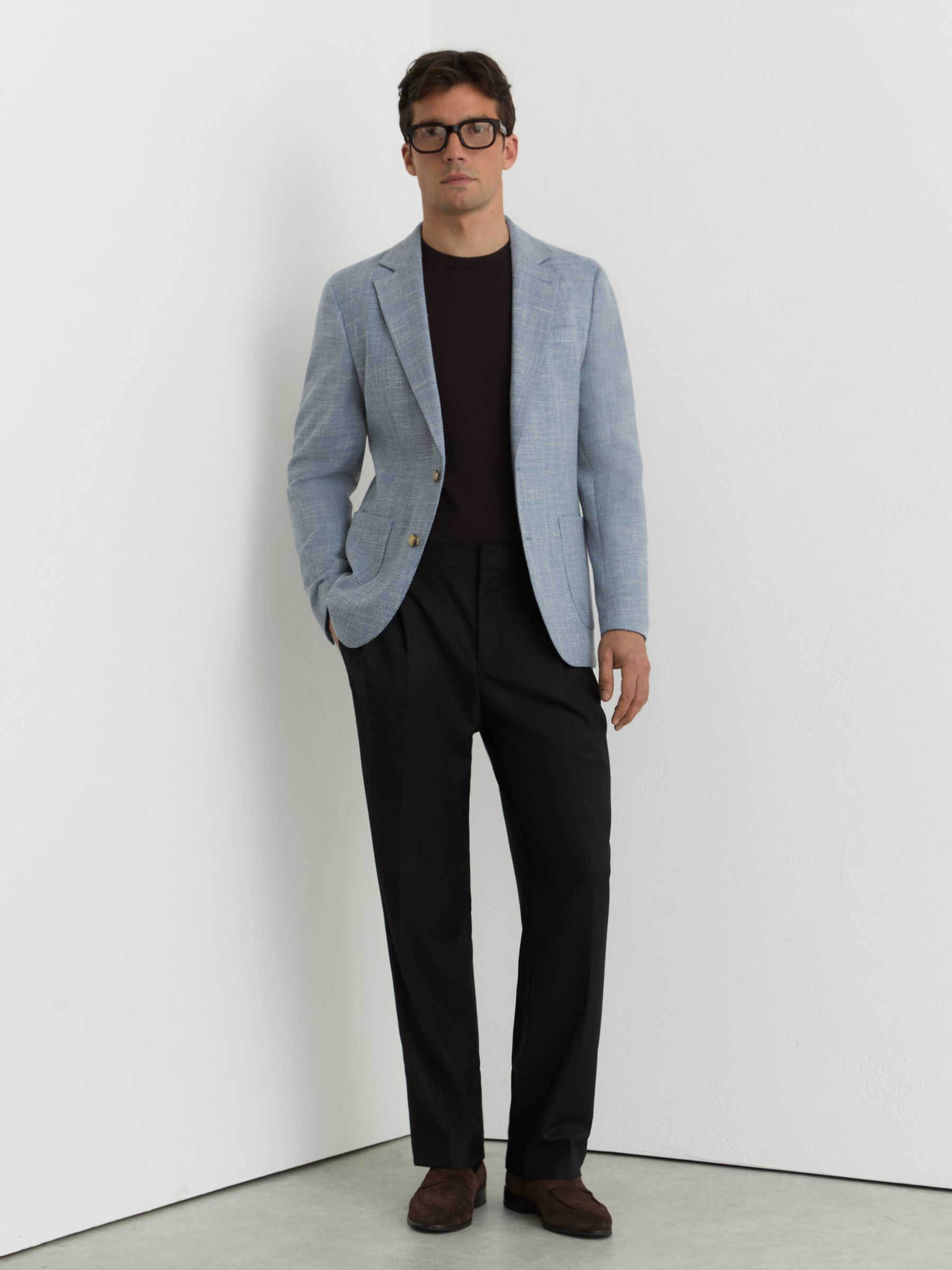 Single-Breasted Herringbone Blazer Tailored-Fit with Cotton in Soft Blue - Image 3 de 8