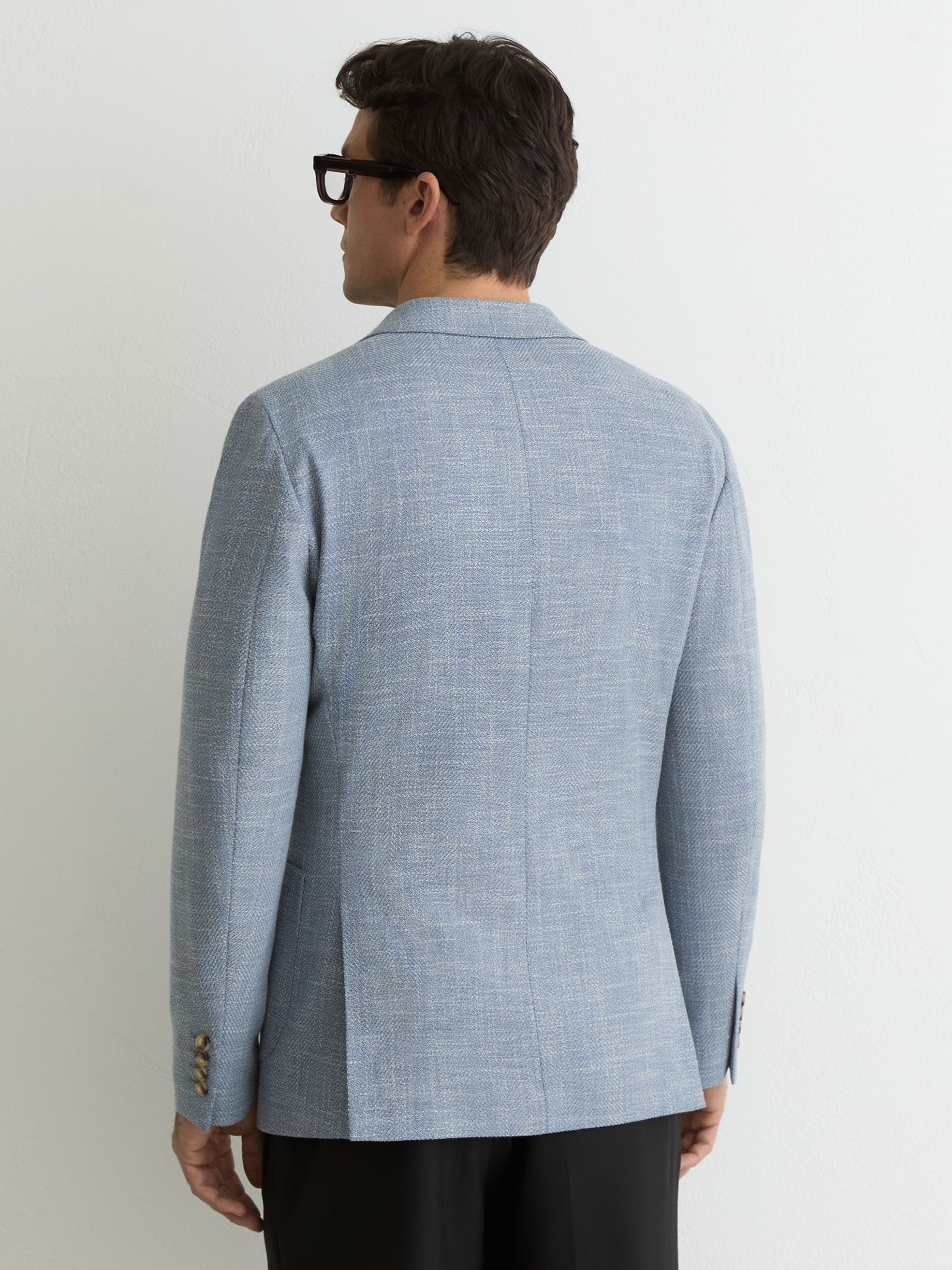 Single-Breasted Herringbone Blazer Tailored-Fit with Cotton in Soft Blue - Image 5 de 8
