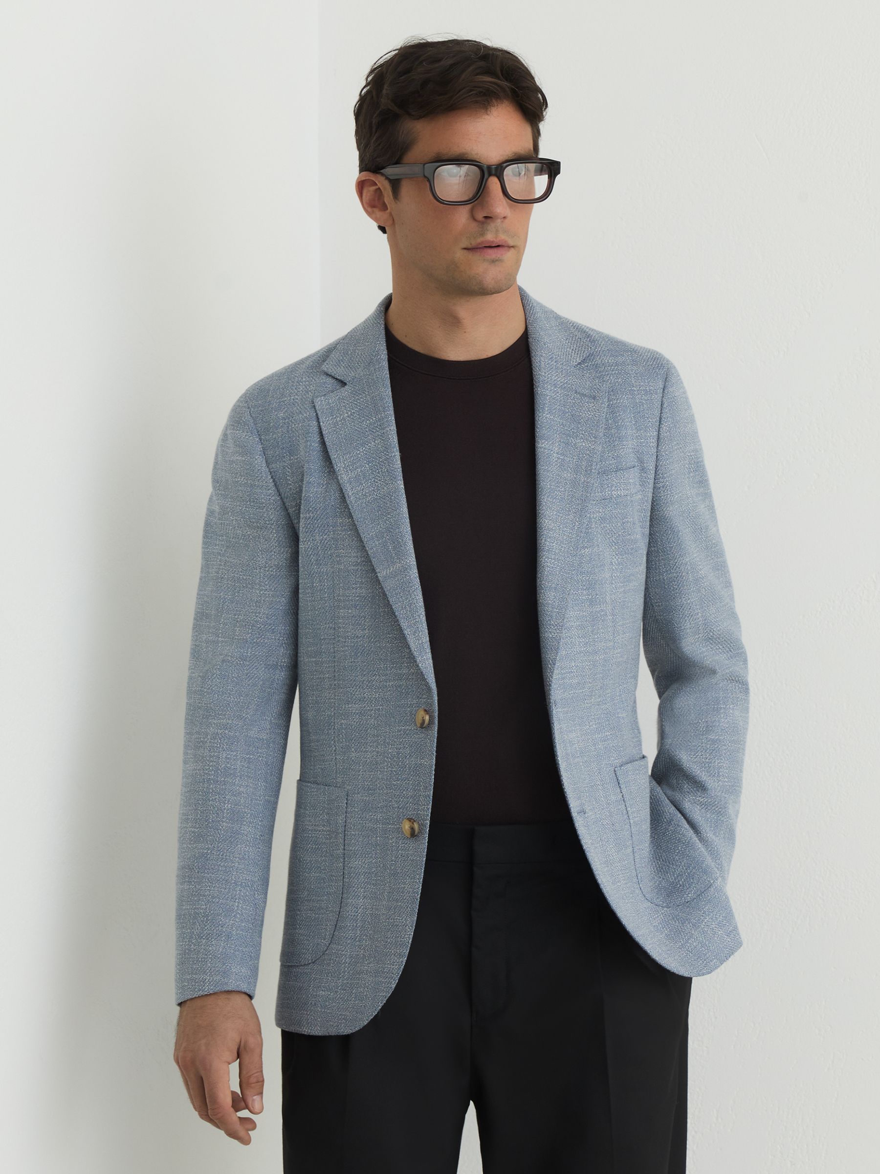 Single-Breasted Herringbone Blazer Tailored-Fit with Cotton in Soft Blue - Image 6 de 8