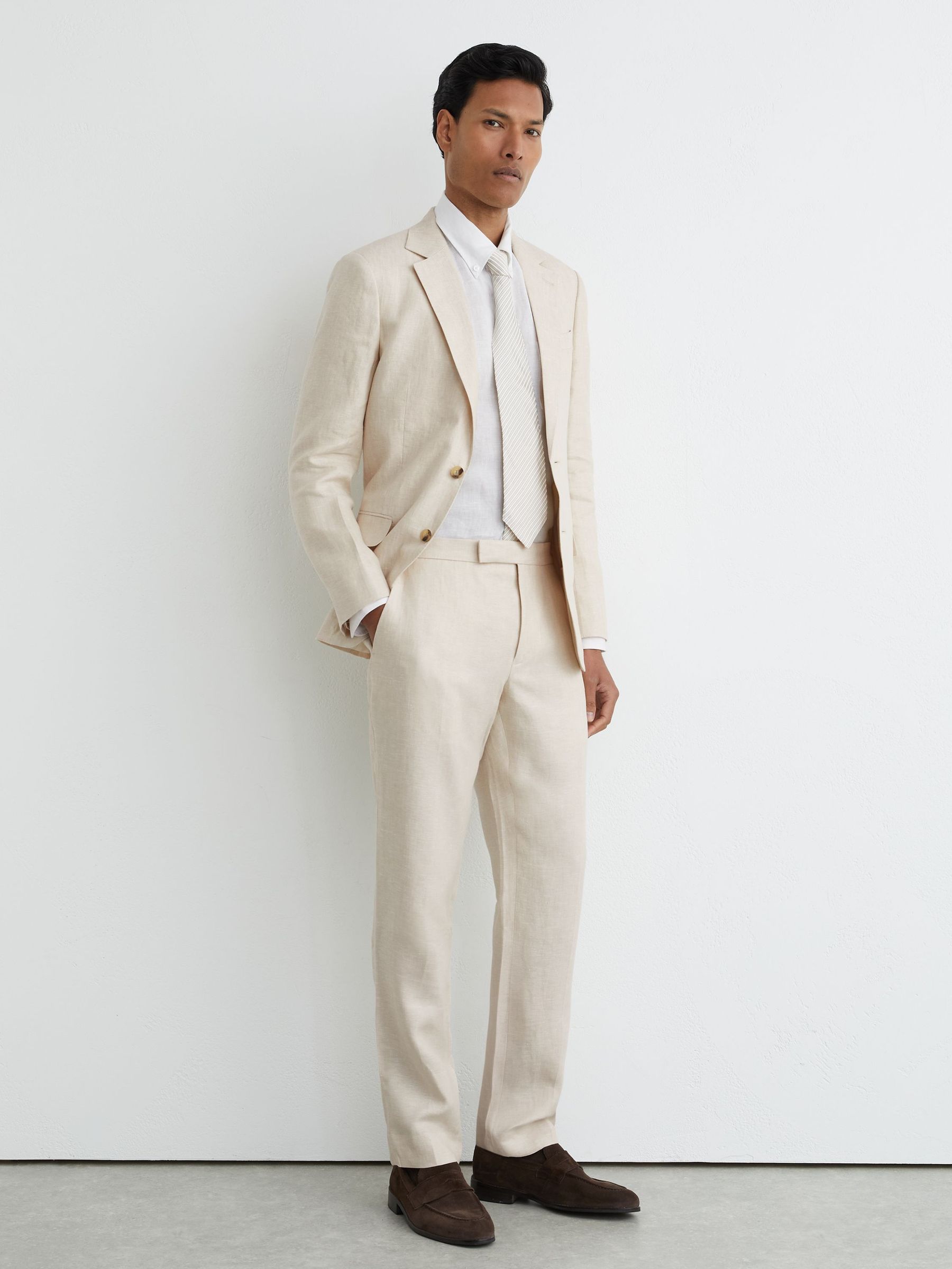 Tailored Fit Linen-Twill Suit Trousers in Stone - image 2