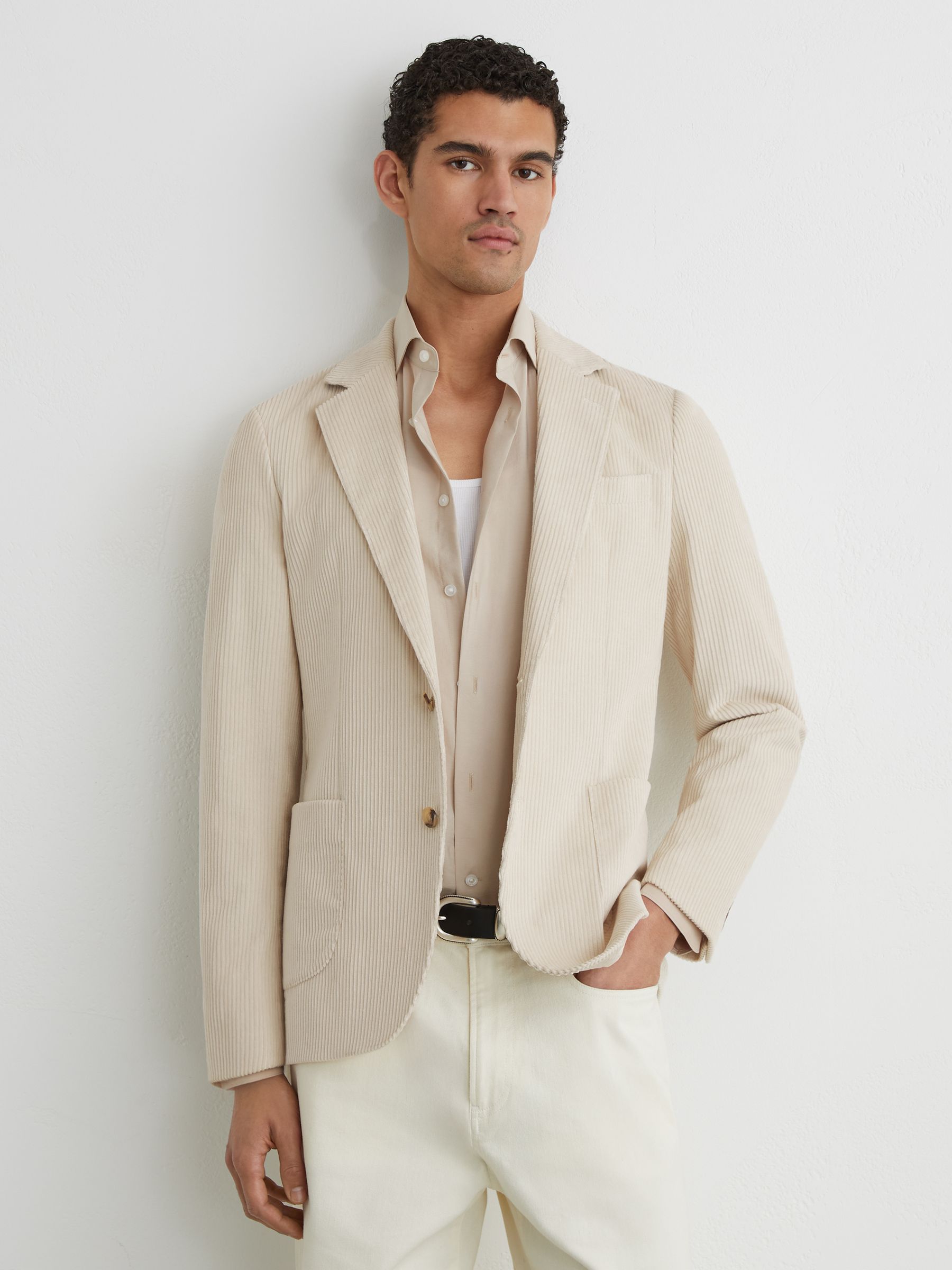 Corduroy Single-Breasted Tailored-Fit Blazer in Off White - Image 1 de 9