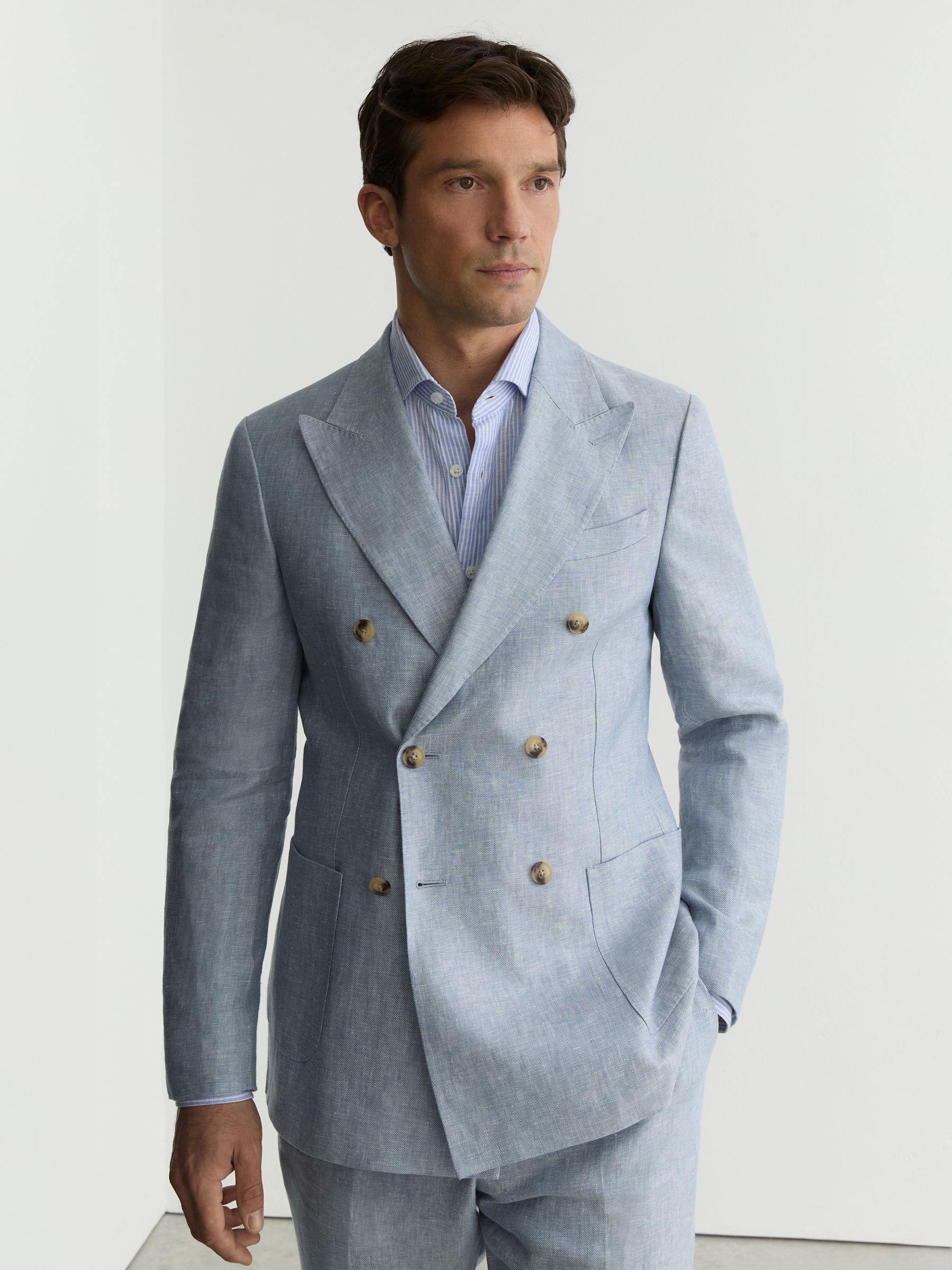 Linen-Twill Double-Breasted Tailored-Fit Blazer in Soft Blue - Image 1 of 8