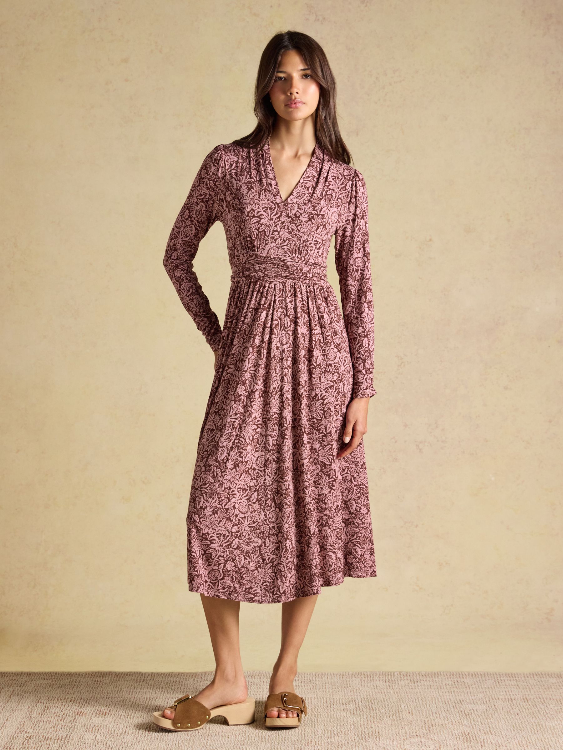 Mina Brown Jersey V Neck Ruched Waist Midi Dress - Image 1 of 8