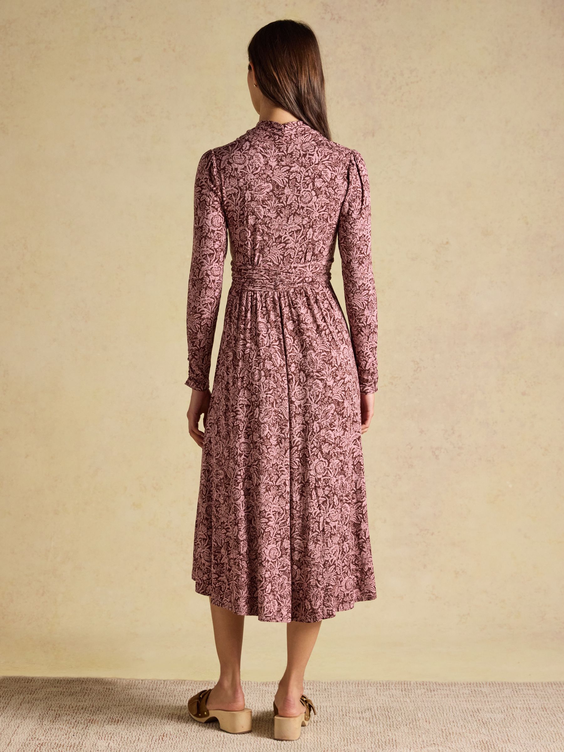Mina Brown Jersey V Neck Ruched Waist Midi Dress - Image 2 of 8