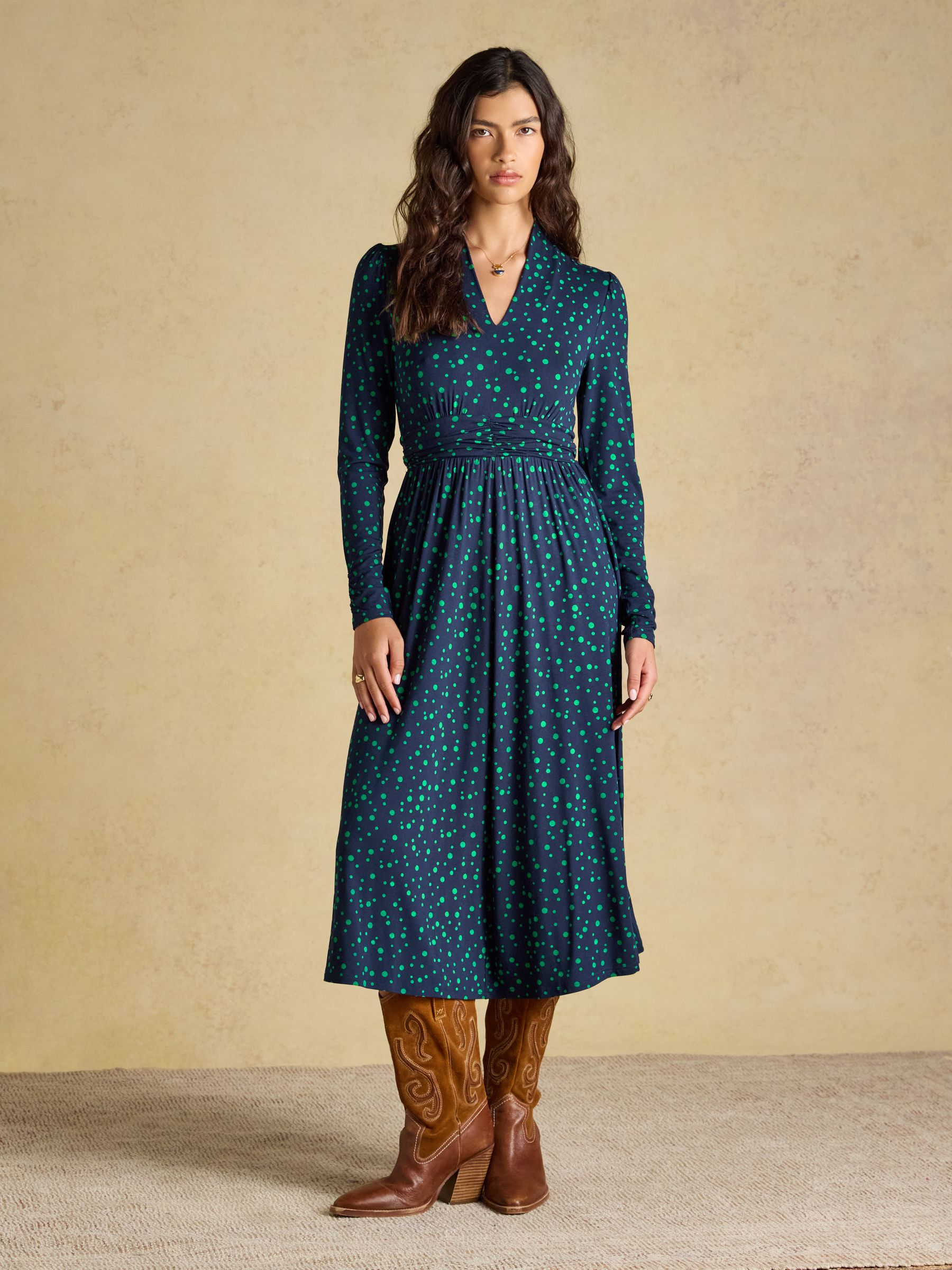 joules blue dress Mina Blue/Green Spot Jersey V Neck Ruched Waist Midi Icon_Machinewashable_Wrinkleresistant_Beachtostreet_Active Summertime is calling which Size:XX-SMALL Ever-Pretty Plus Size Sequin
