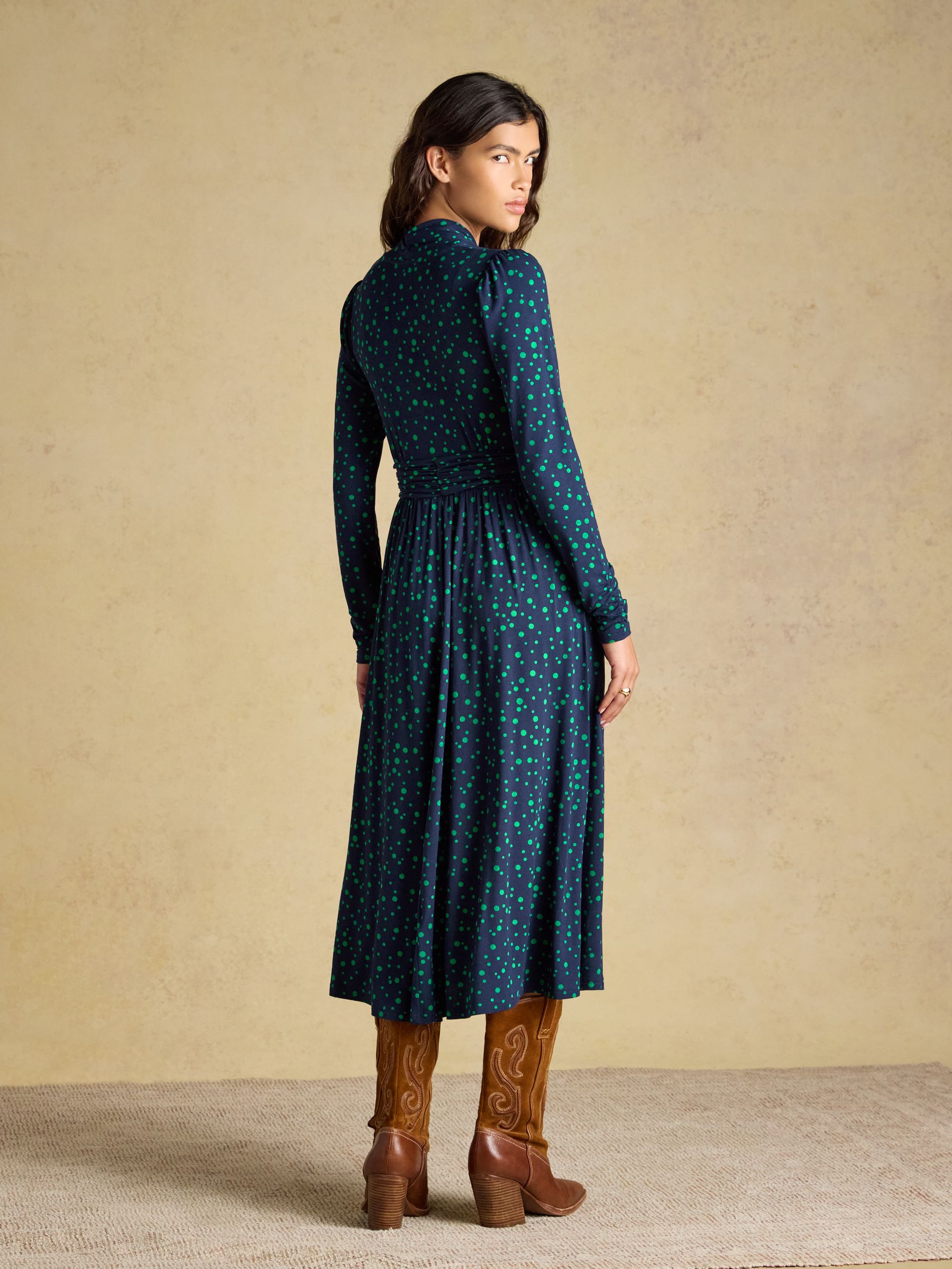 Mina Blue/Green Spot Jersey V Neck Ruched Waist Midi Dress - Image 2 of 7