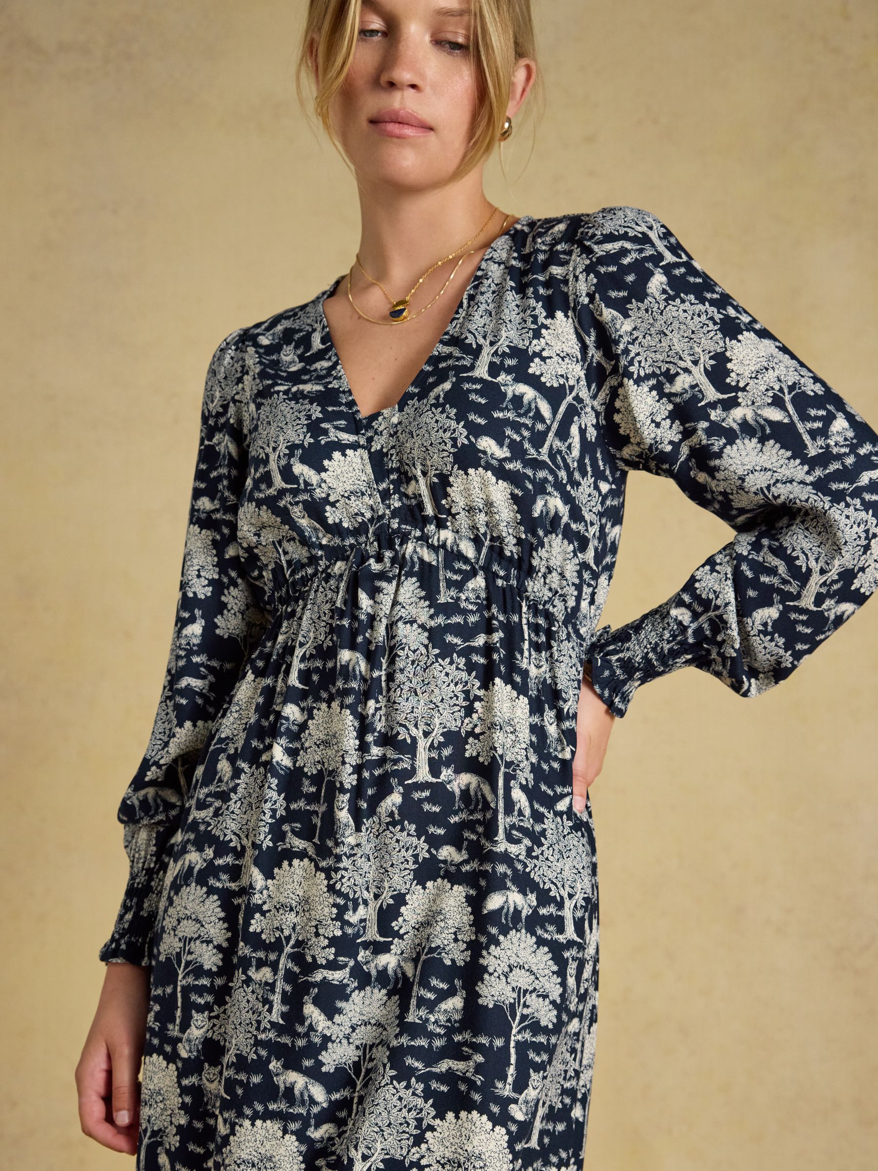 Etta Navy Woodland Print V Neck Dress - Image 4 of 8