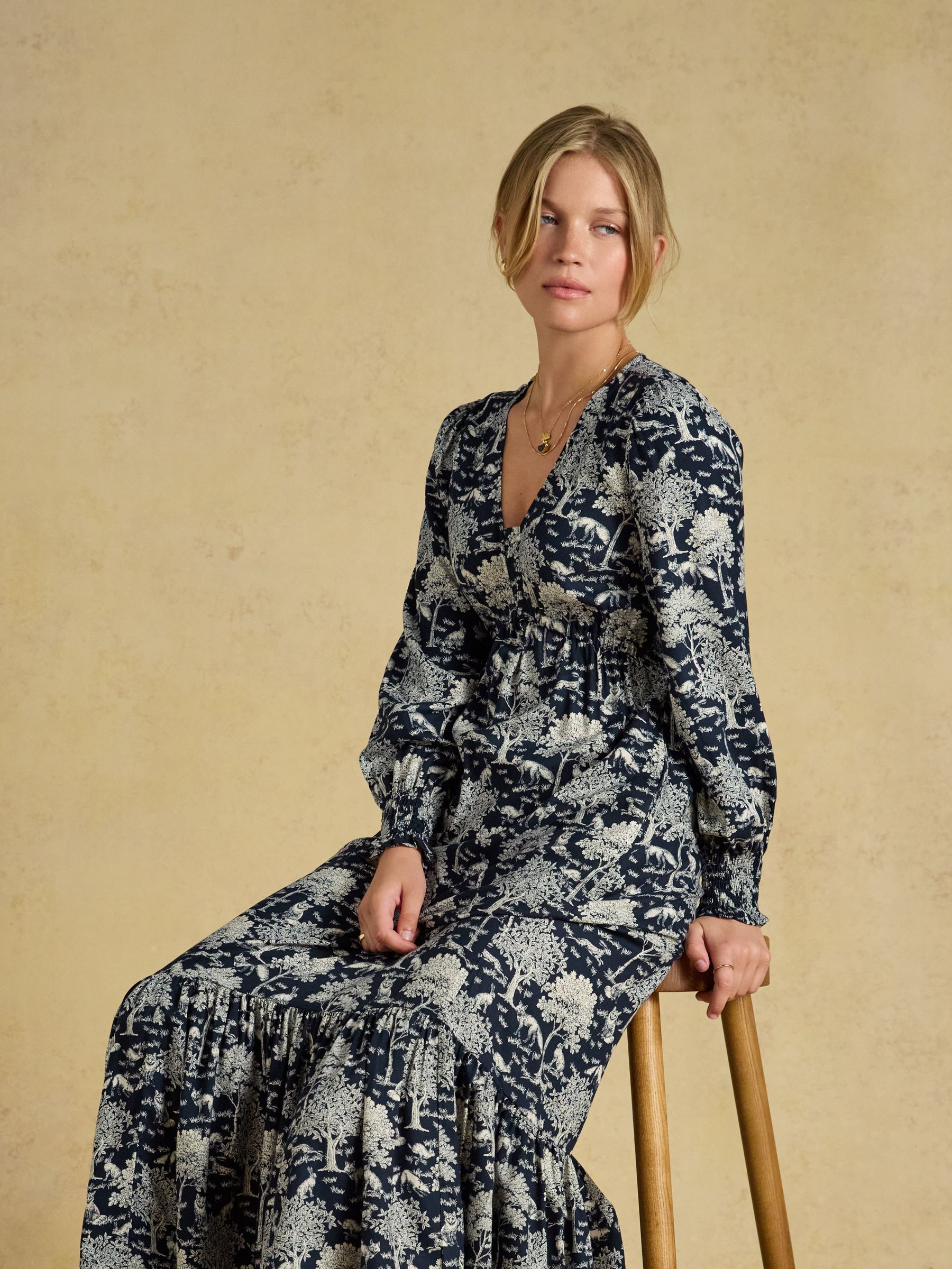 Etta Navy Woodland Print V Neck Dress - Image 7 of 8