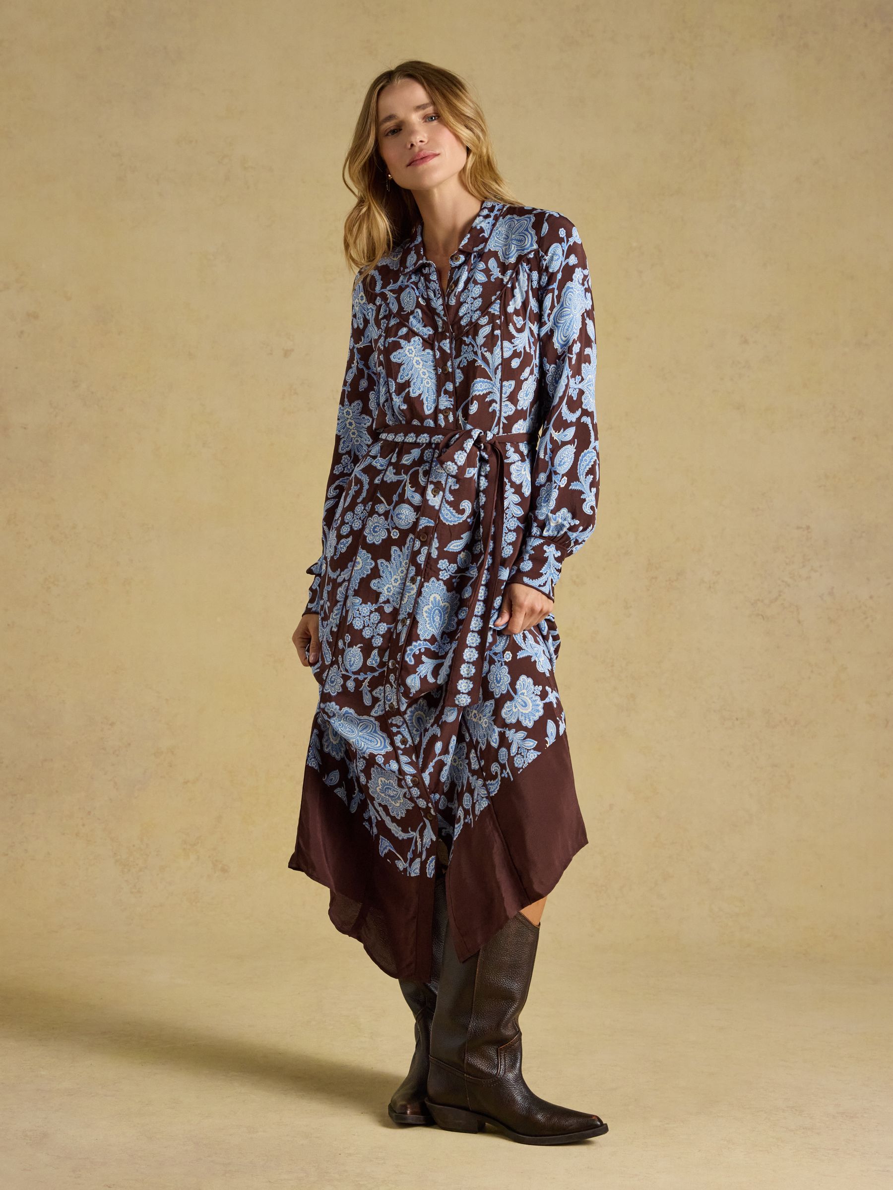 Piper Chocolate Brown Floral Western Shirt Dress - Image 3 of 9