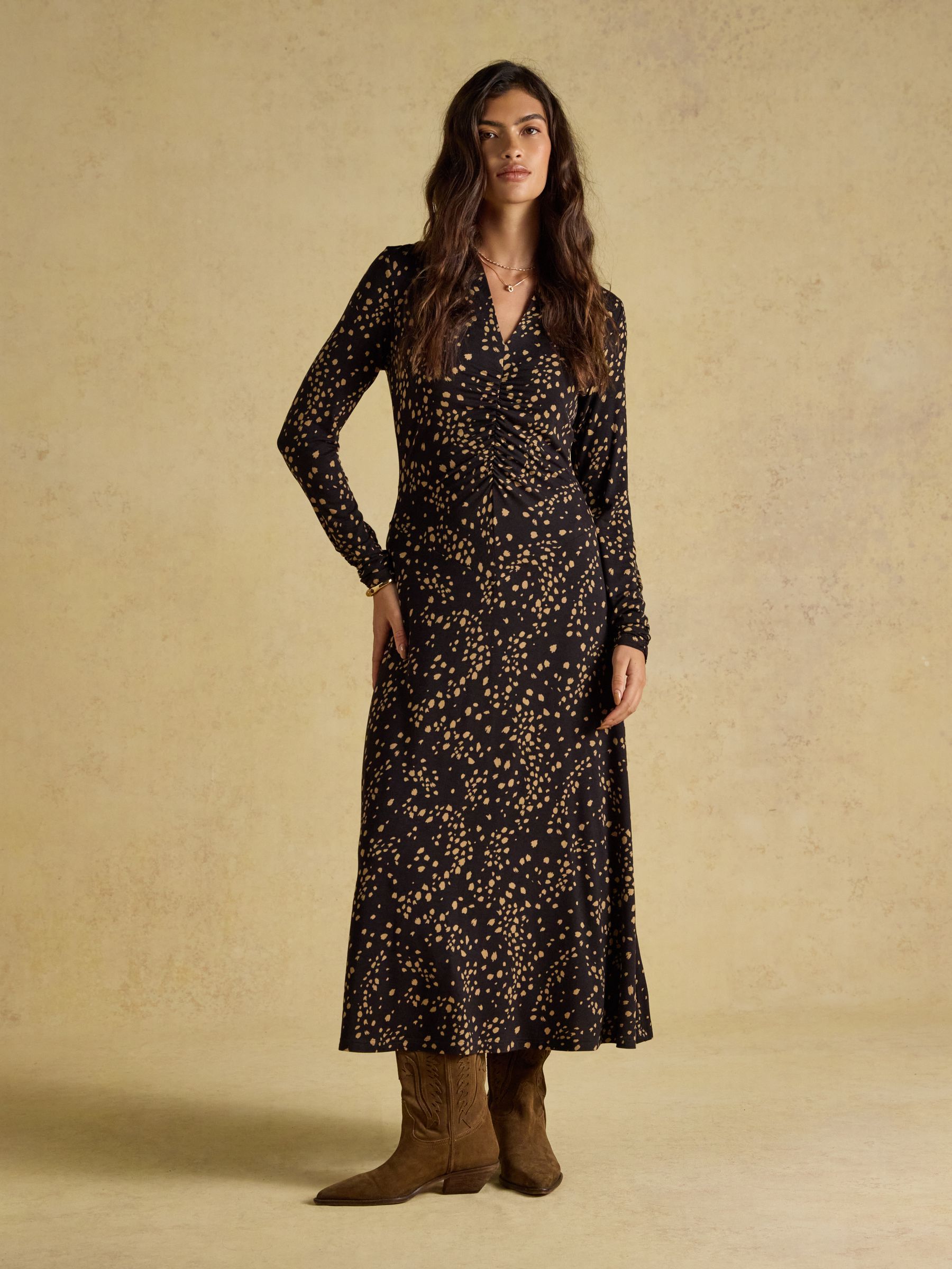 Anya Brown Spot Jersey Ruched Dress - Image 1 of 7 Anya Brown Spot Jersey Ruched Dress - Image 1 of 7