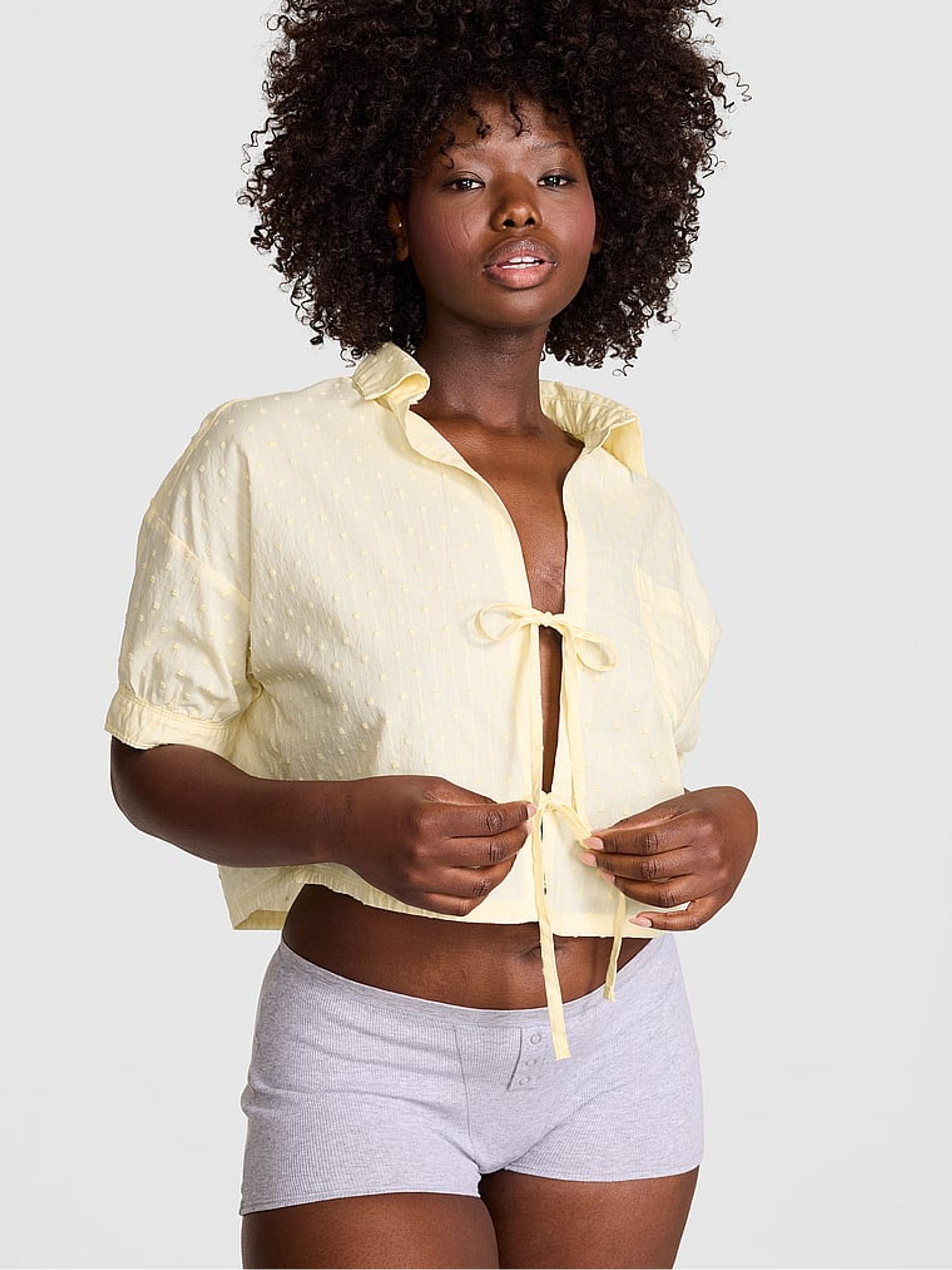 Palest Yellow Cotton Tie Front Pyjama Top - Image 2 of 3