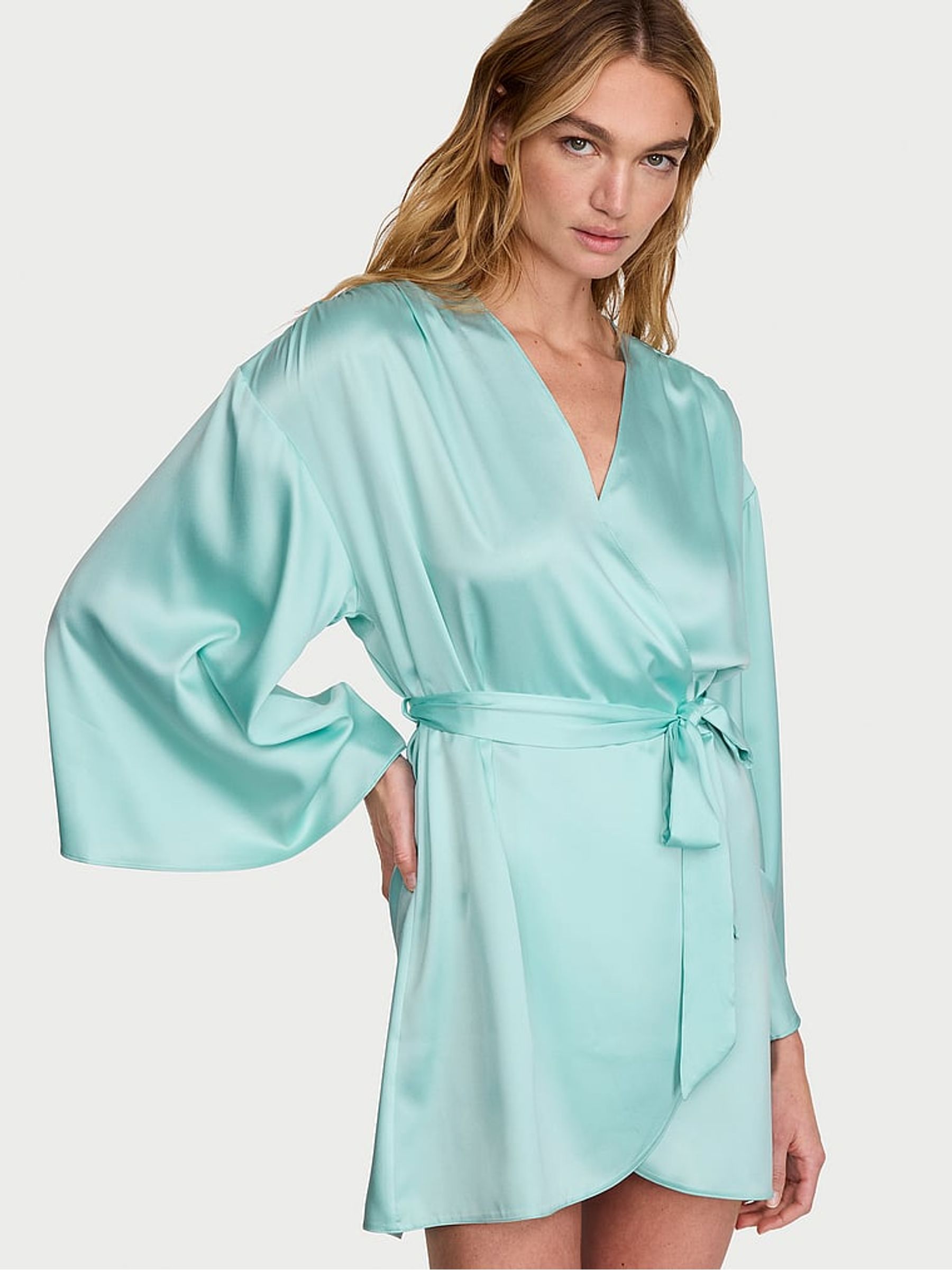 Canal Blue Satin Short Robe - Image 1 of 2 Canal Blue Satin Short Robe - Image 1 of 2
