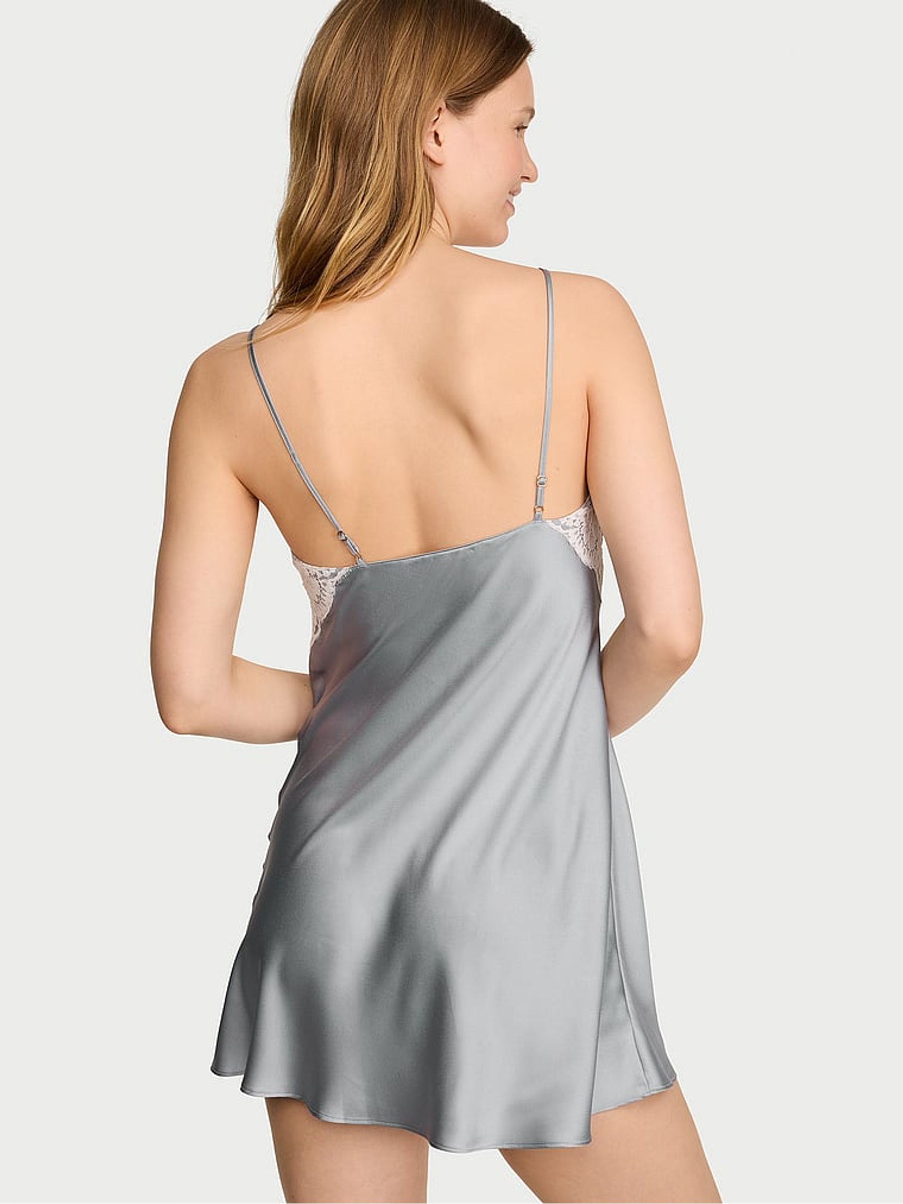 Starstruck Grey Mini Satin Lace Trim Slip Dress - Image 2 of 2 Starstruck Grey Mini Satin Lace Trim Slip Dress - Image 2 of 2