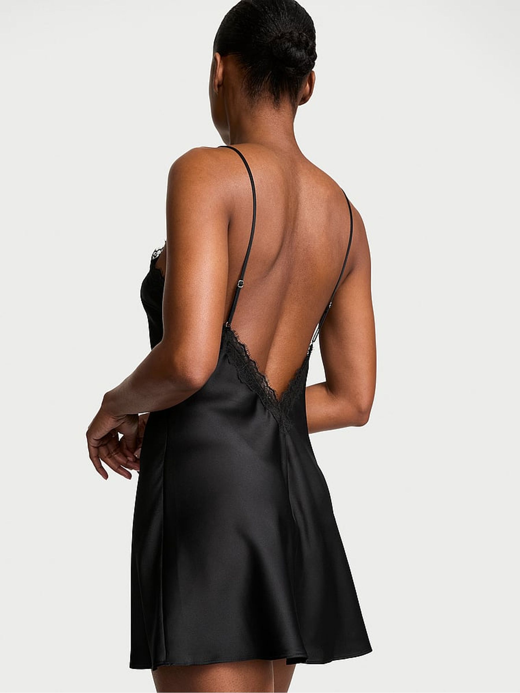 Black Satin Lace Trim Mini Slip Dress - Image 2 of 2 Black Satin Lace Trim Mini Slip Dress - Image 2 of 2