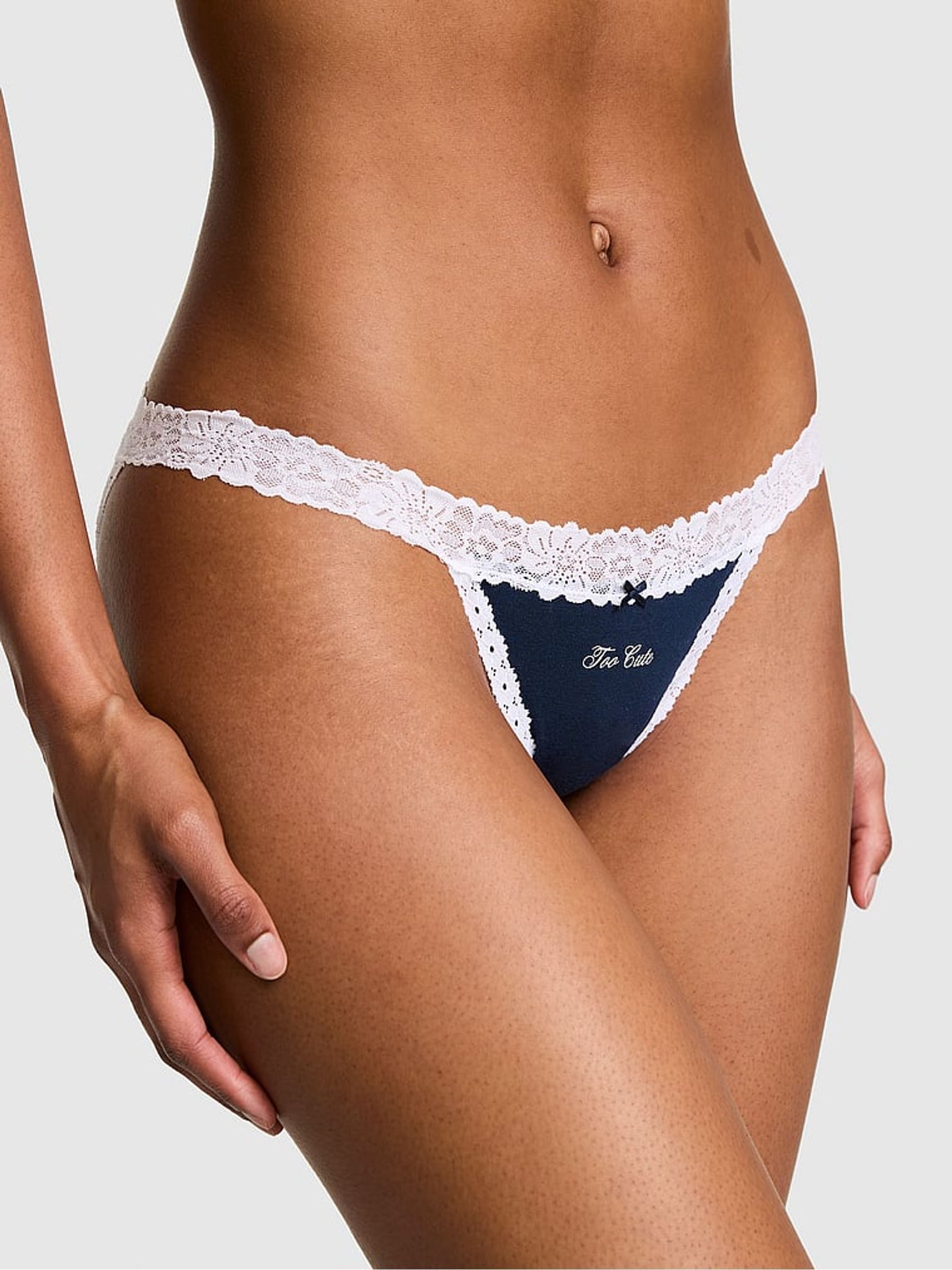 Noir Navy Blue 'Too Cute' String Bikini Cotton Lace Trim Knickers - Image 1 of 2