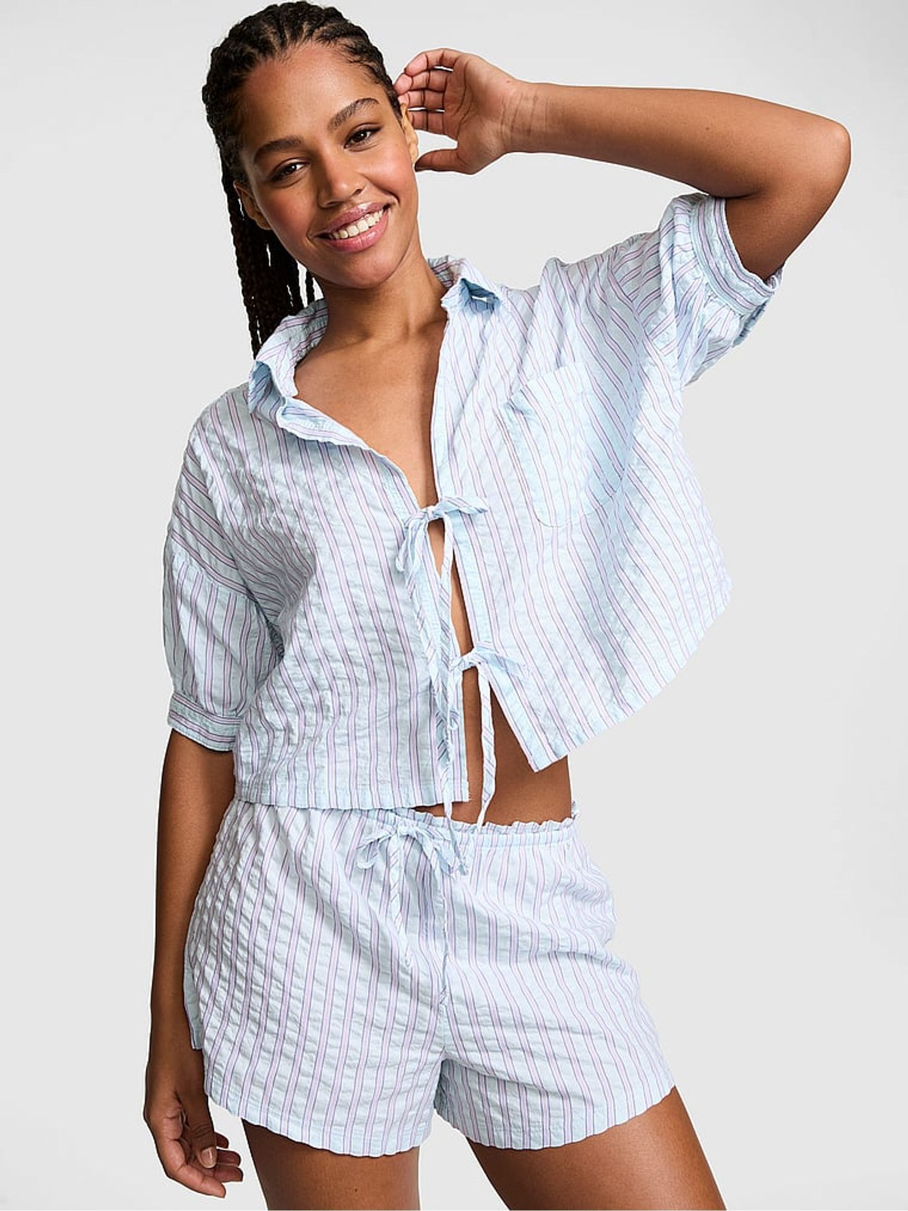 Spray Blue Stripe Cotton Tie Front Pyjama Top - Image 1 of 2
