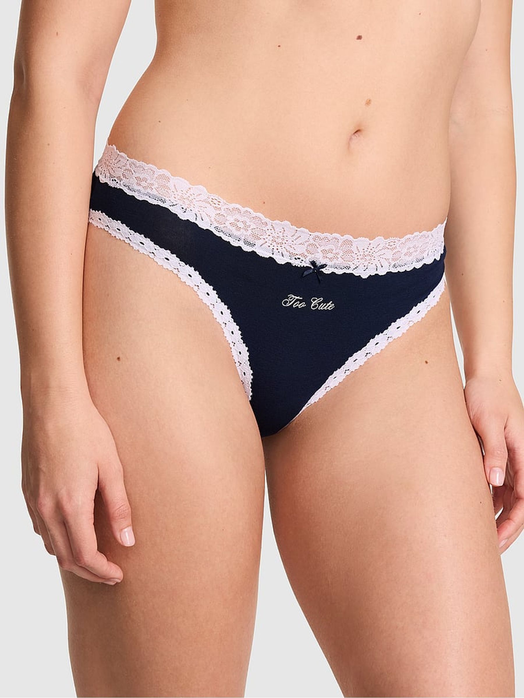 Noir Navy Blue 'Too Cute' Cheeky Cotton Lace Trim Knickers - Image 1 of 2