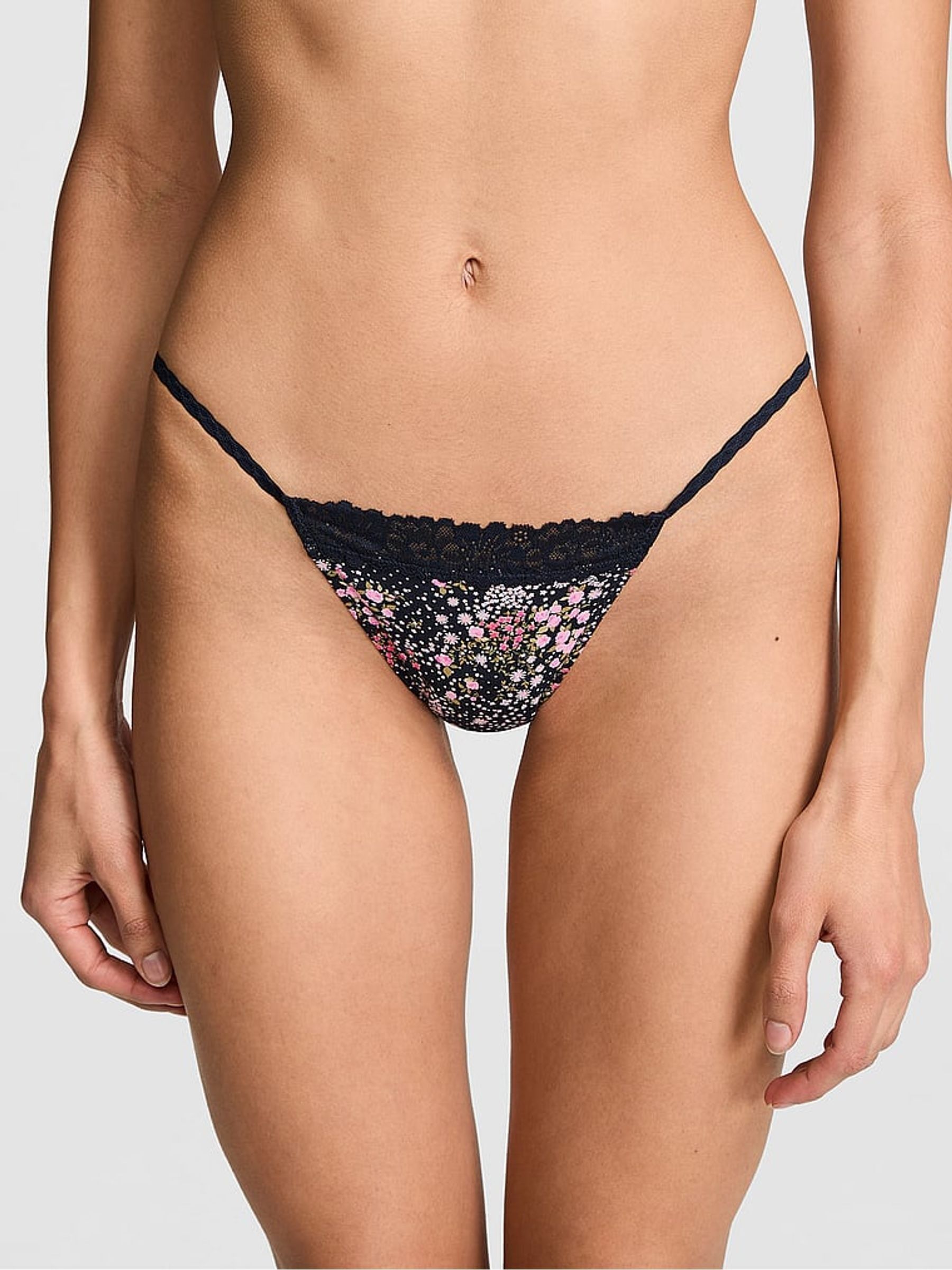 Noir Navy Blue Floral Print Bikini Cotton Heather Lace Trim Knickers - Image 1 of 2