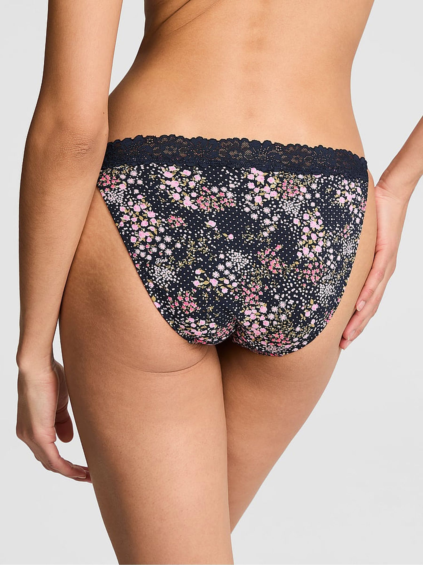 Noir Navy Blue Floral Print Bikini Cotton Heather Lace Trim Knickers - Image 2 of 2