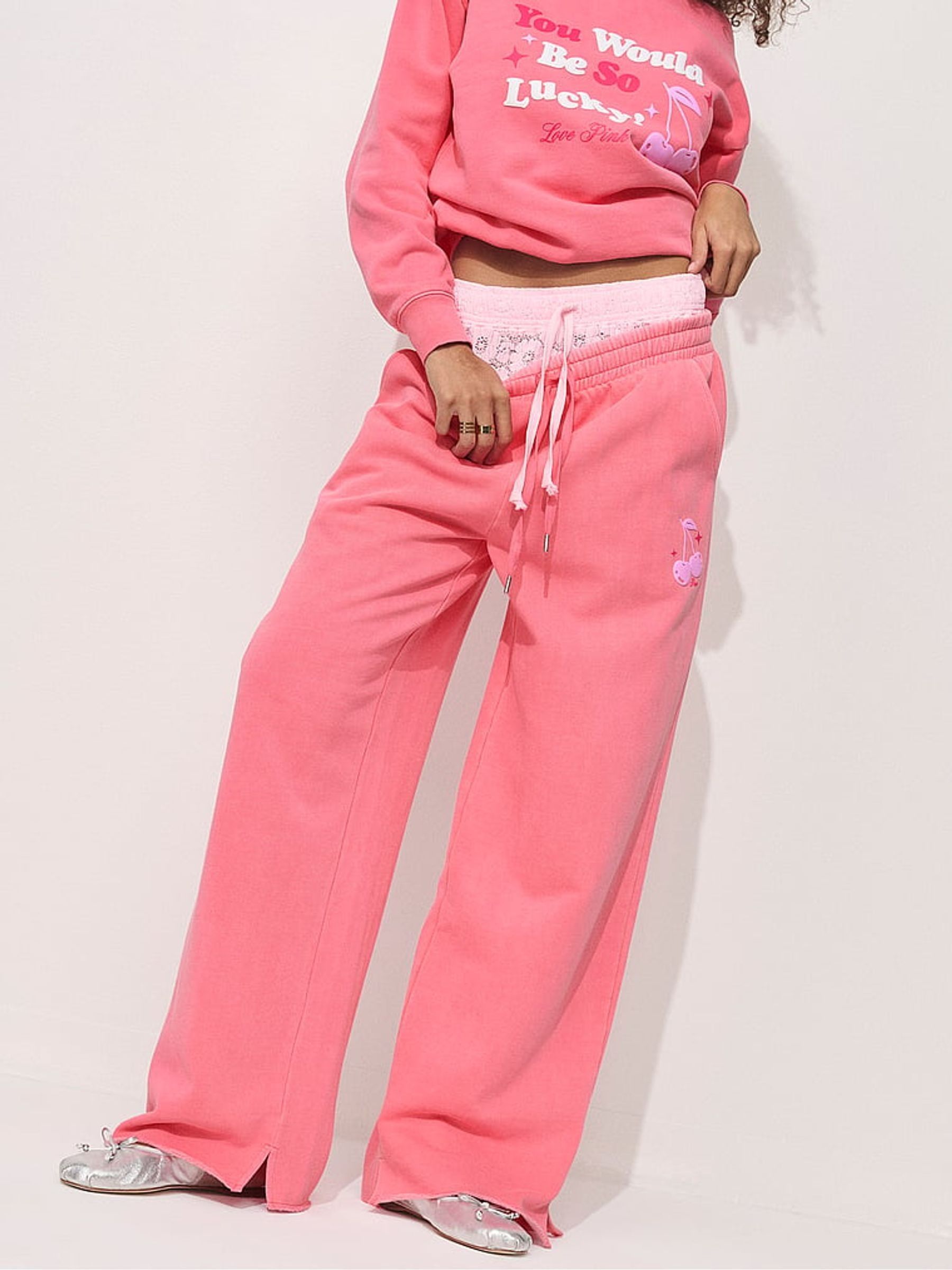 Vivid Pink Wide Leg Fleece Joggers - Image 1 of 3