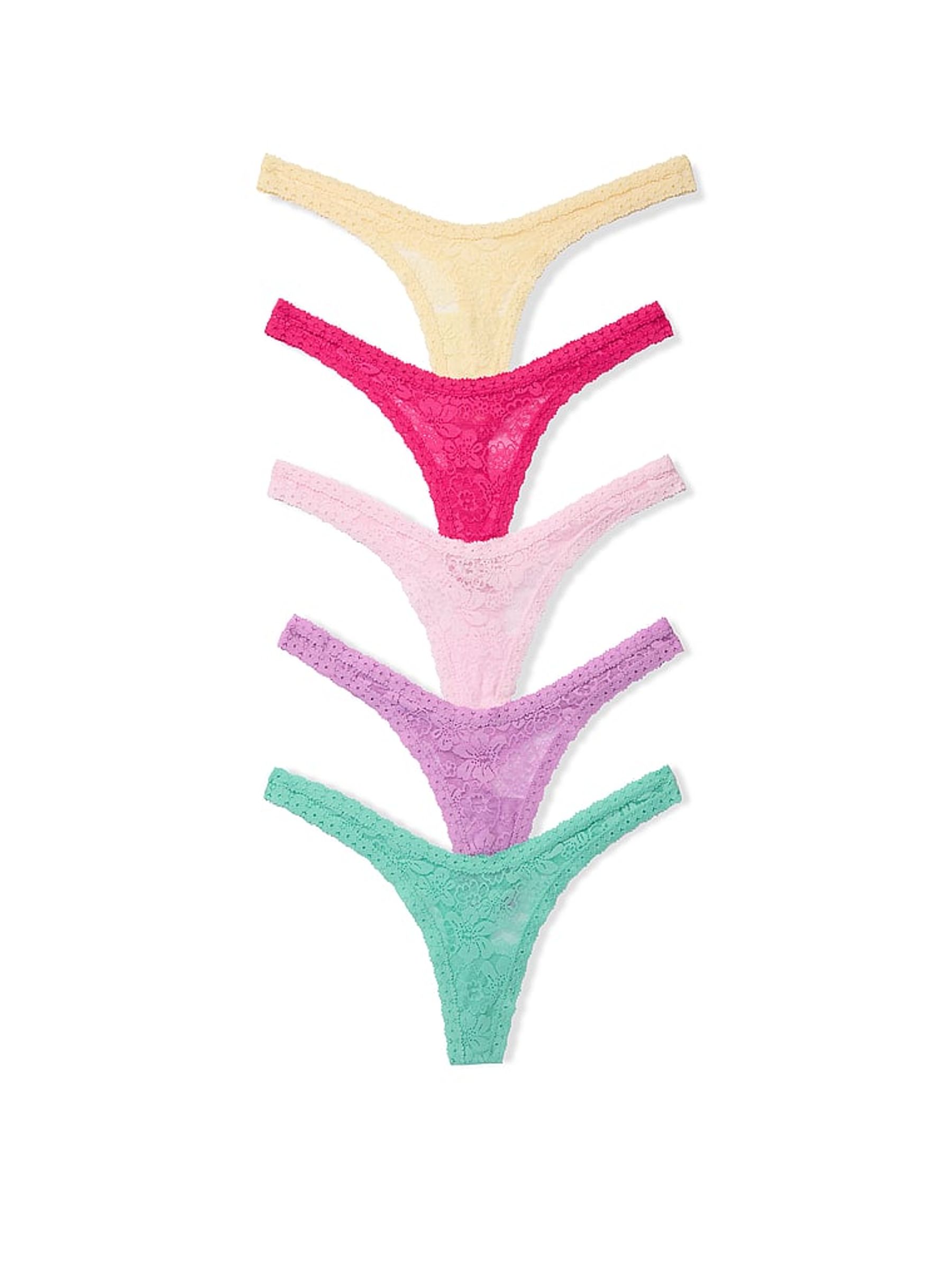 Yellow/Pink/Purple/Green Mini Scoop Thong 5 Pack Lace Knickers - Image 1 of 1 Yellow/Pink/Purple/Green Mini Scoop Thong 5 Pack Lace Knickers - Image 1 of 1