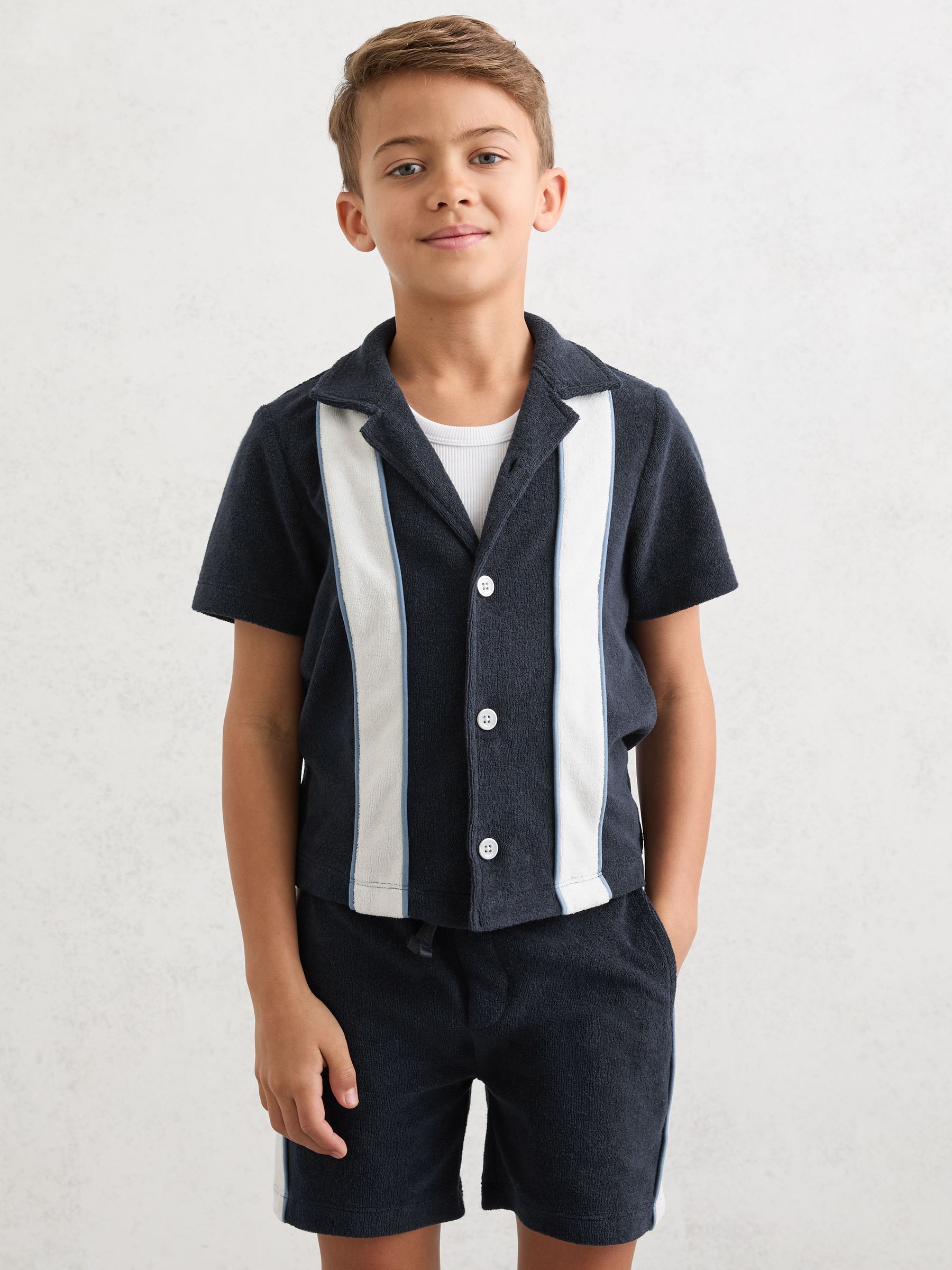 Towelling Colour-Block Cuban Shirt in Navy/White - Image 3 of 4