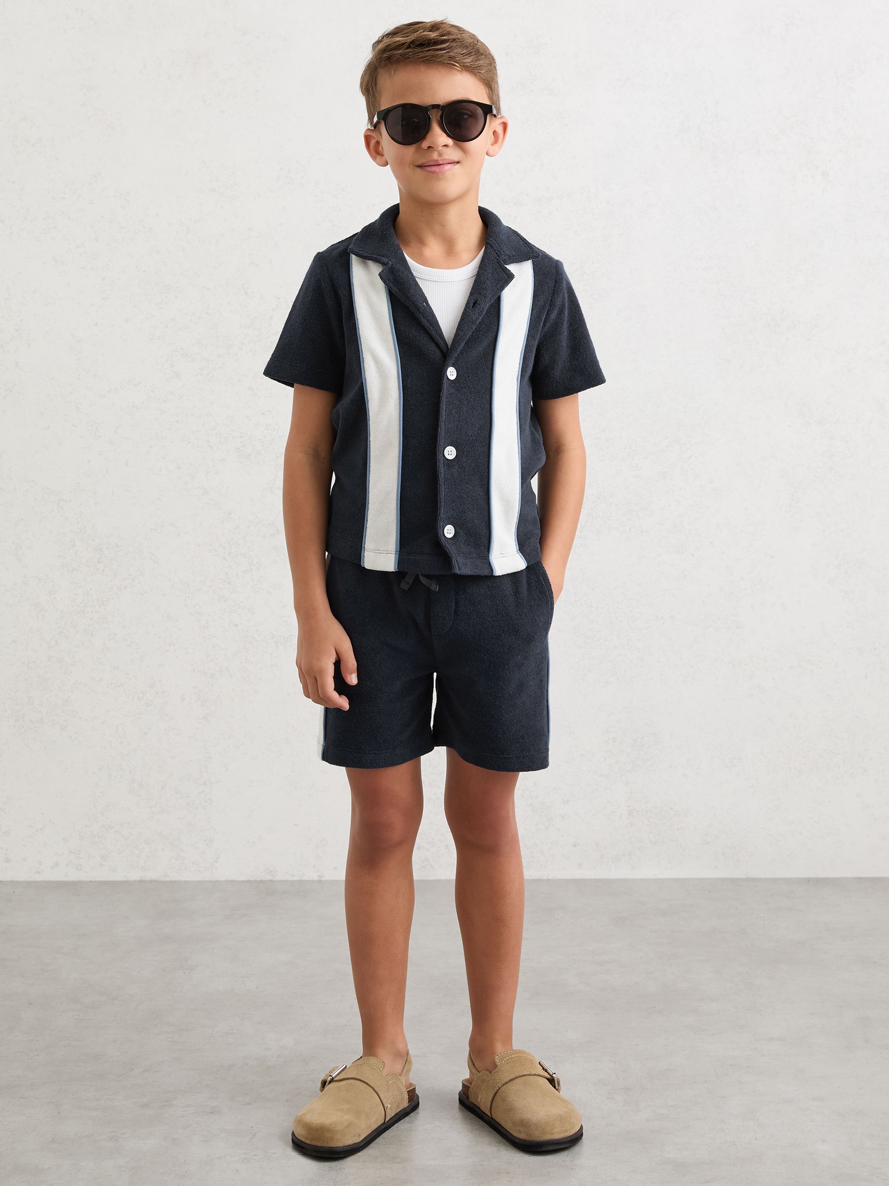 13-14 yrs Towelling Colour-Block Cuban Shirt in Navy/White - Image 2 of 4