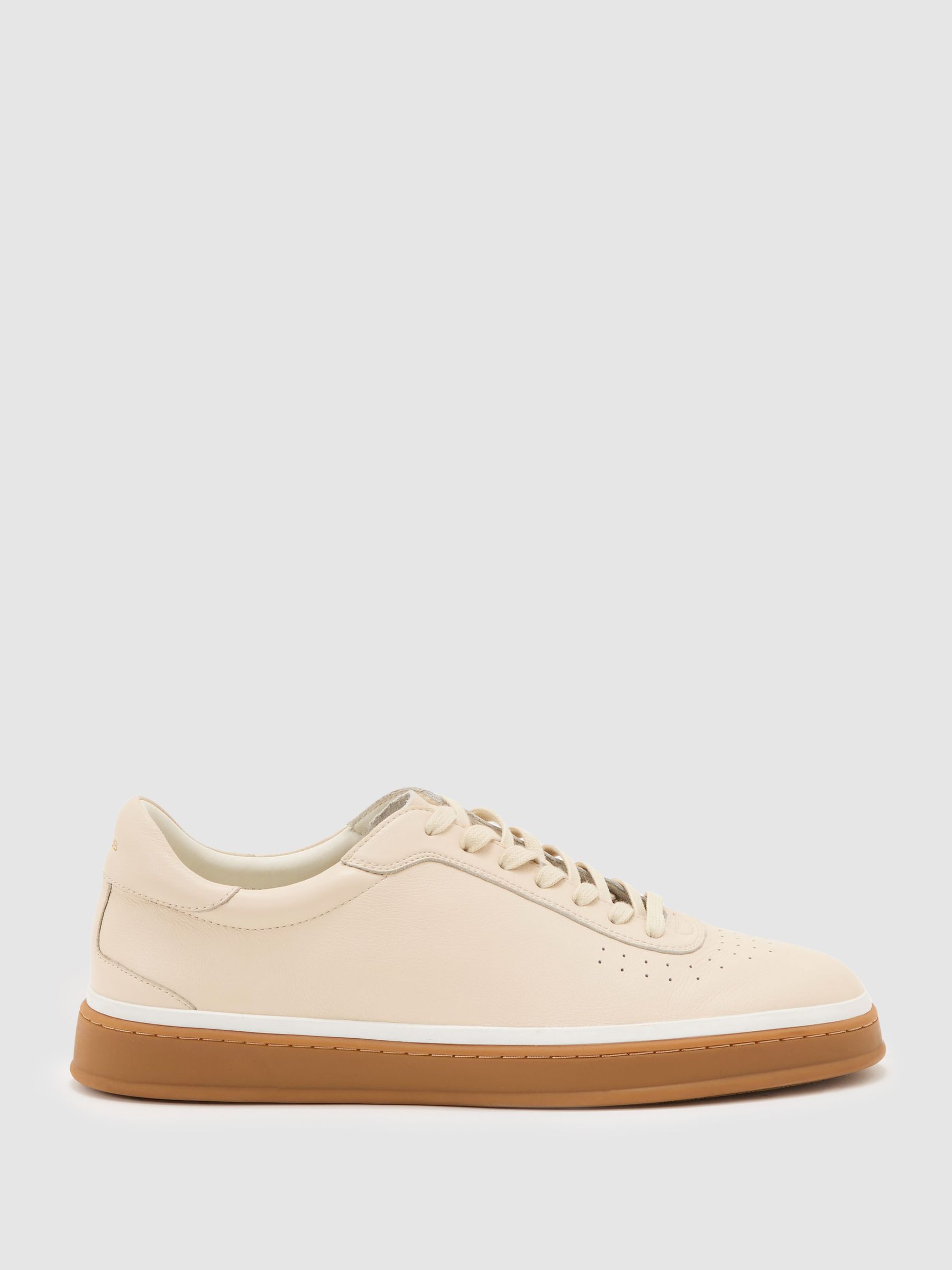 Leather Perforated-Detail Trainers in Stone Beige - Image 1 of 5