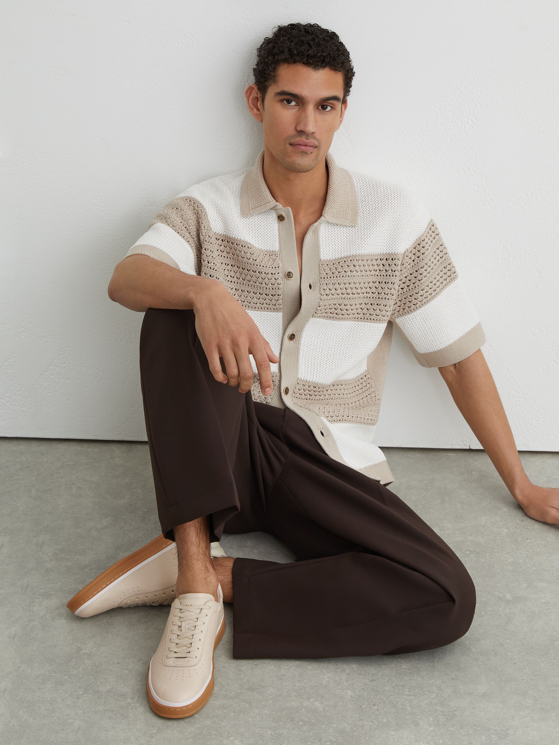 Leather Perforated-Detail Trainers in Stone Beige - Image 2 of 5