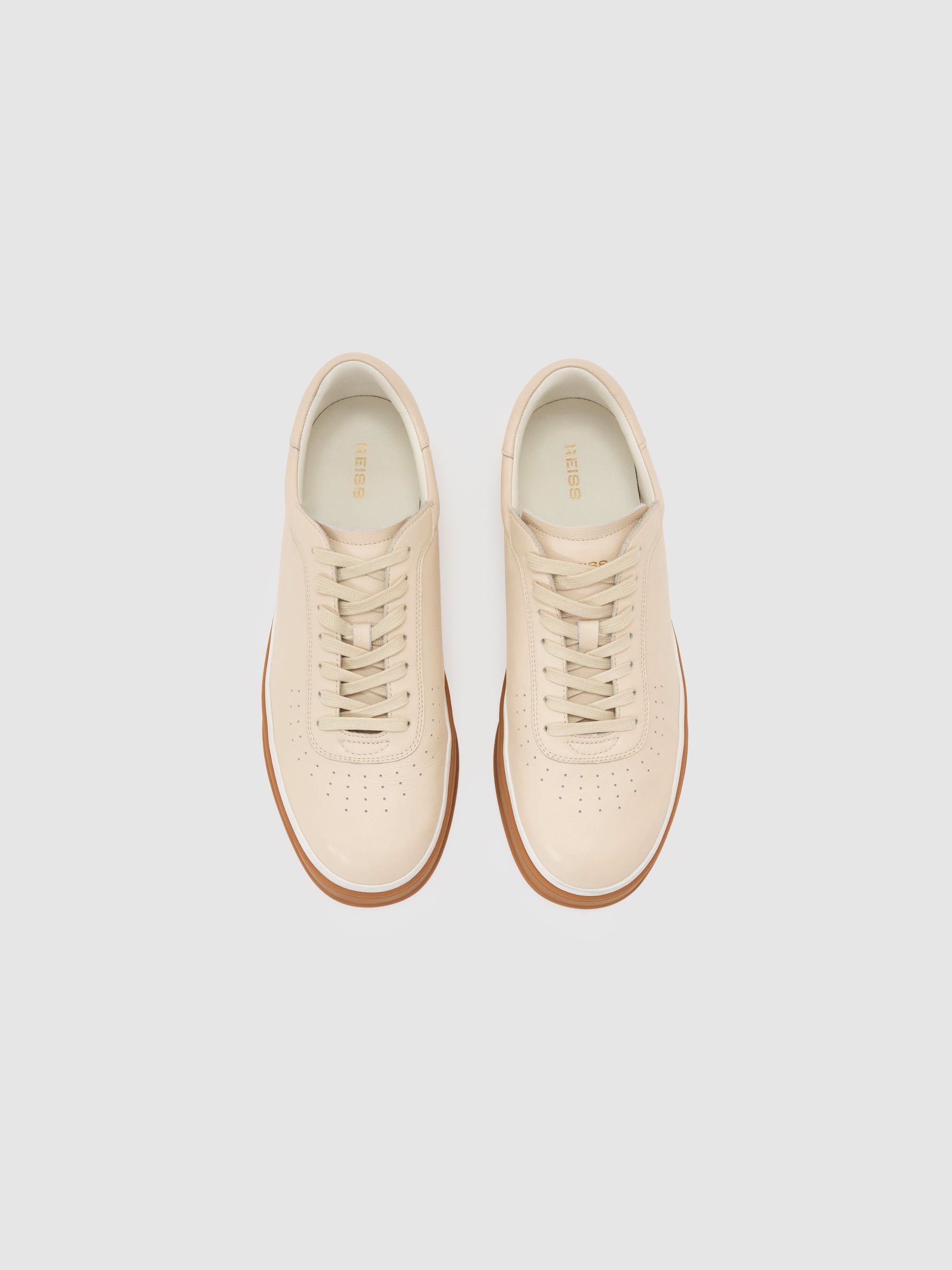 Leather Perforated-Detail Trainers in Stone Beige - Image 3 of 5