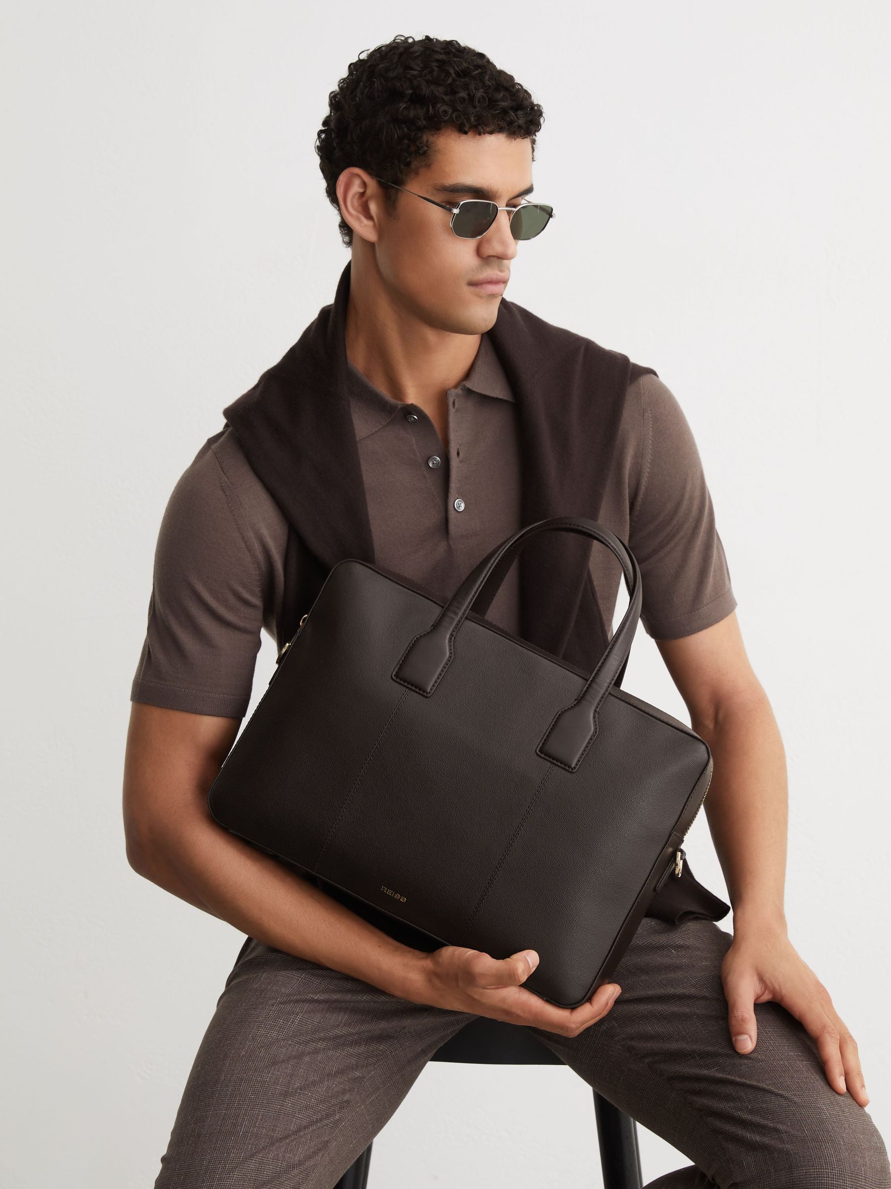 Micro-Grain Leather Briefcase Bag in Dark Brown - Image 1 of 6