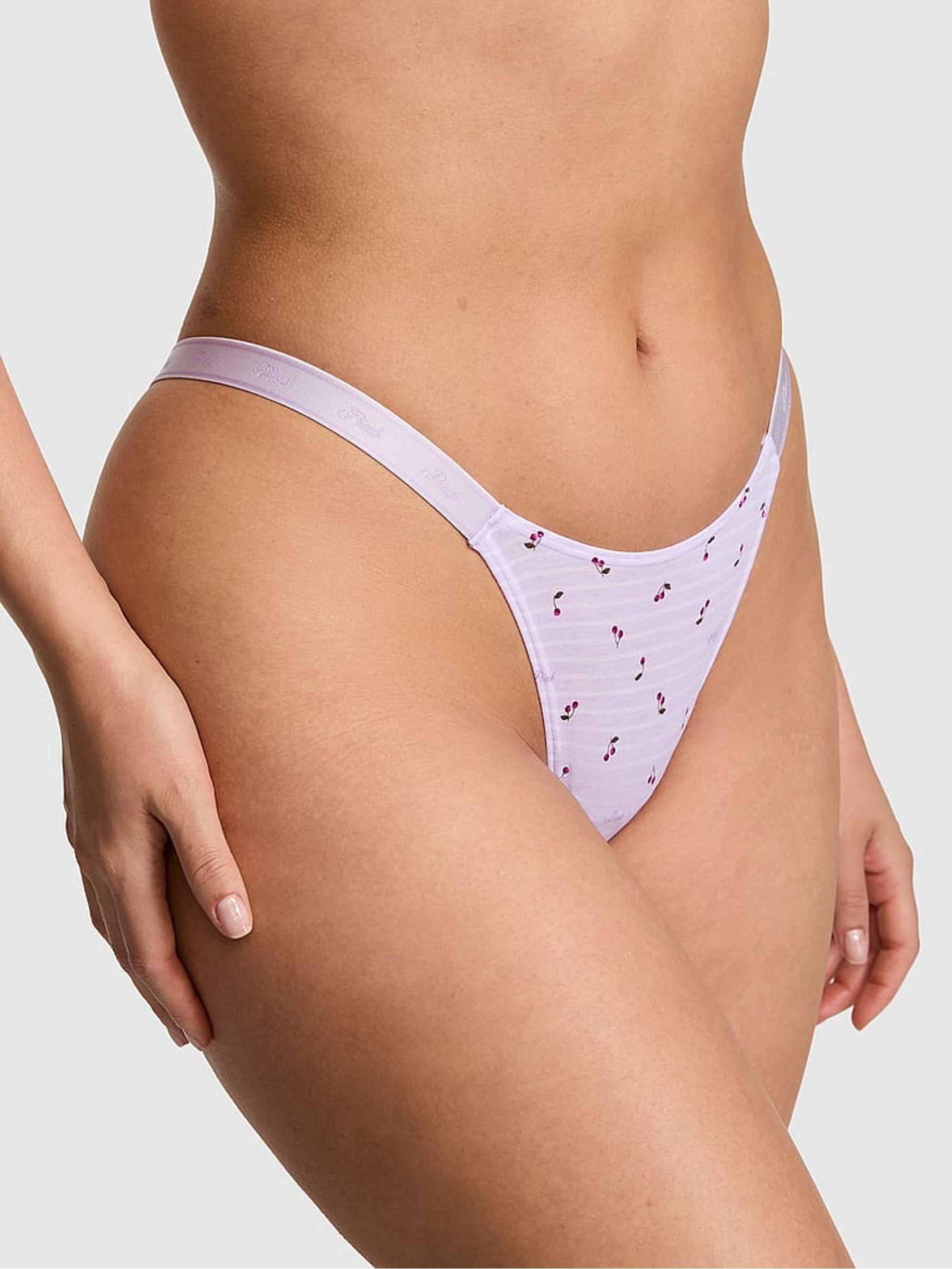 Purple Whisper Cherry Print Mini Scoop Thong Cotton Logo Knickers - Image 1 of 2