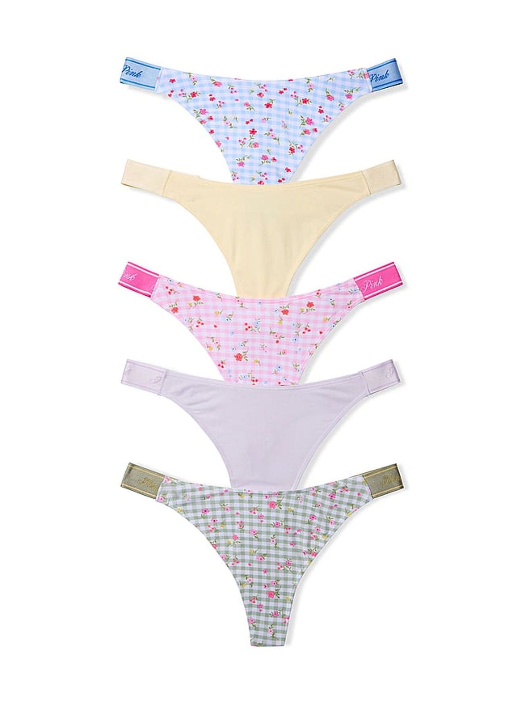 Pink/Yellow/Green/Purple/Blue Floral Print Thong 5 Pack Logo Knickers - Image 1 of 1