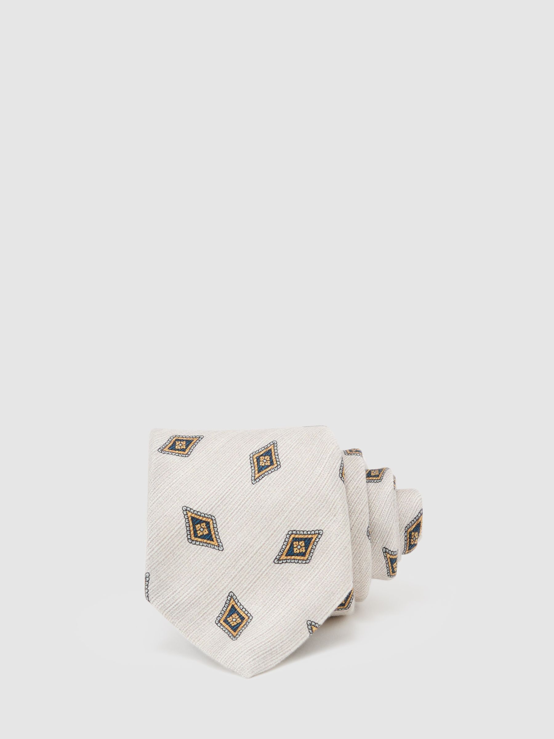 Silk Diamond Medallion-Print Tie in Light Oatmeal Brown - Image 1 of 5 Silk Diamond Medallion-Print Tie in Light Oatmeal Brown - Image 1 of 5