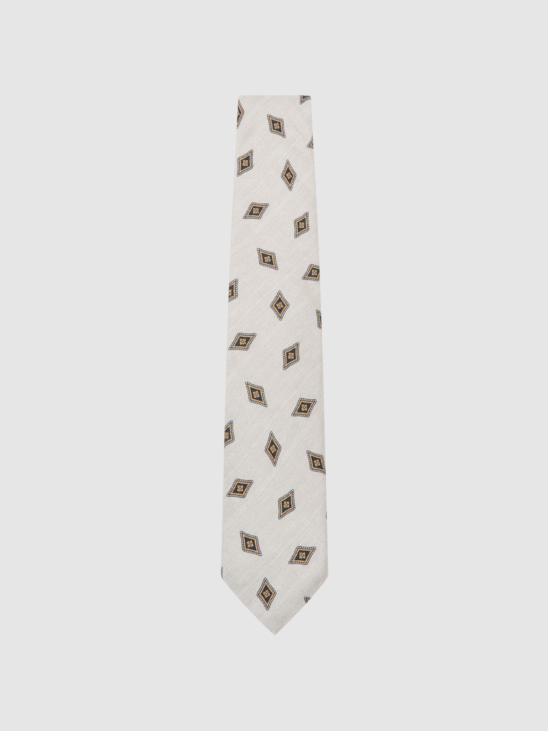 Silk Diamond Medallion-Print Tie in Light Oatmeal Brown - Image 2 of 5 Silk Diamond Medallion-Print Tie in Light Oatmeal Brown - Image 2 of 5