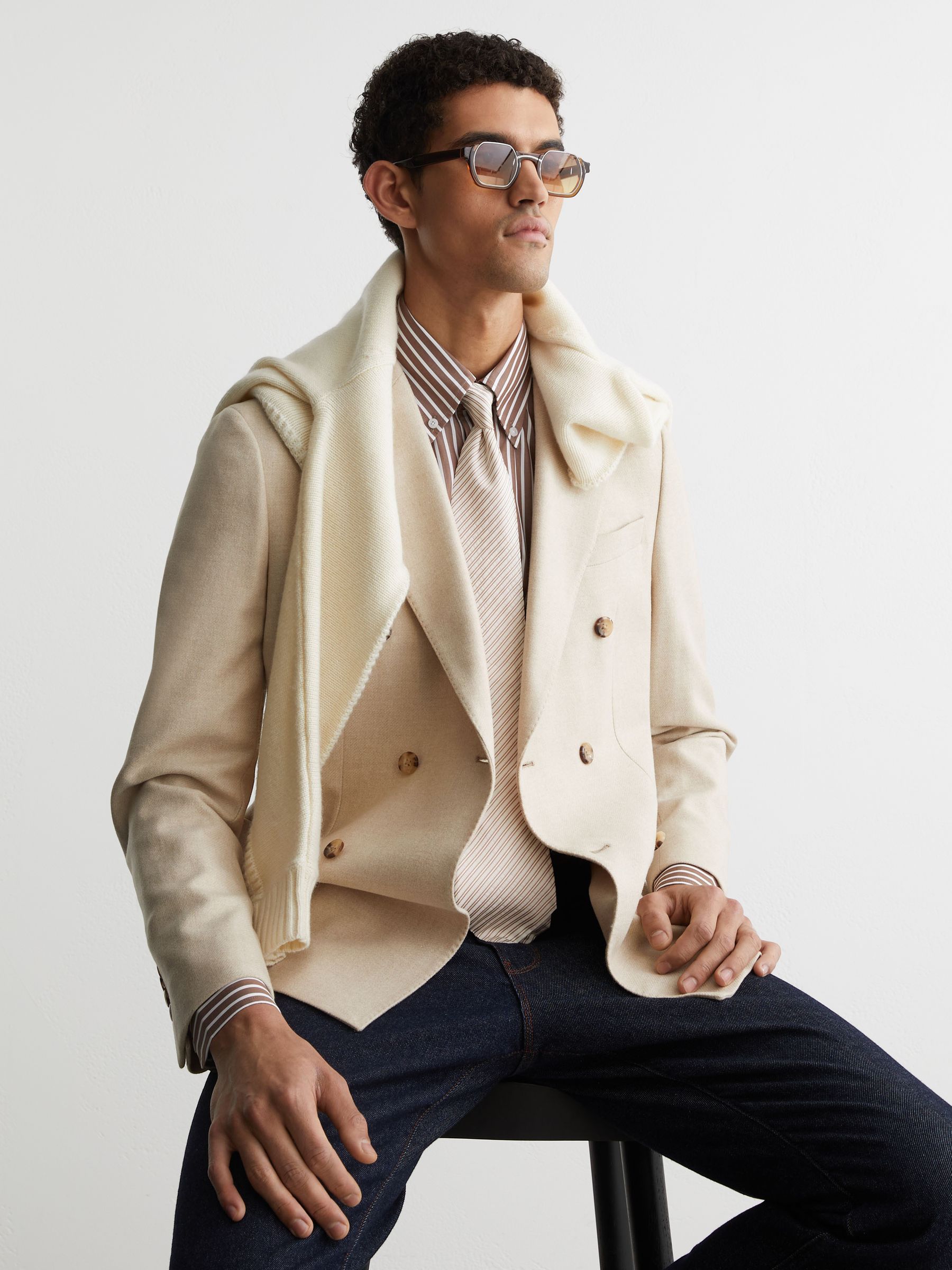 Cotton-Silk Stripe Seersucker Tie in White / Camel Brown - image 1