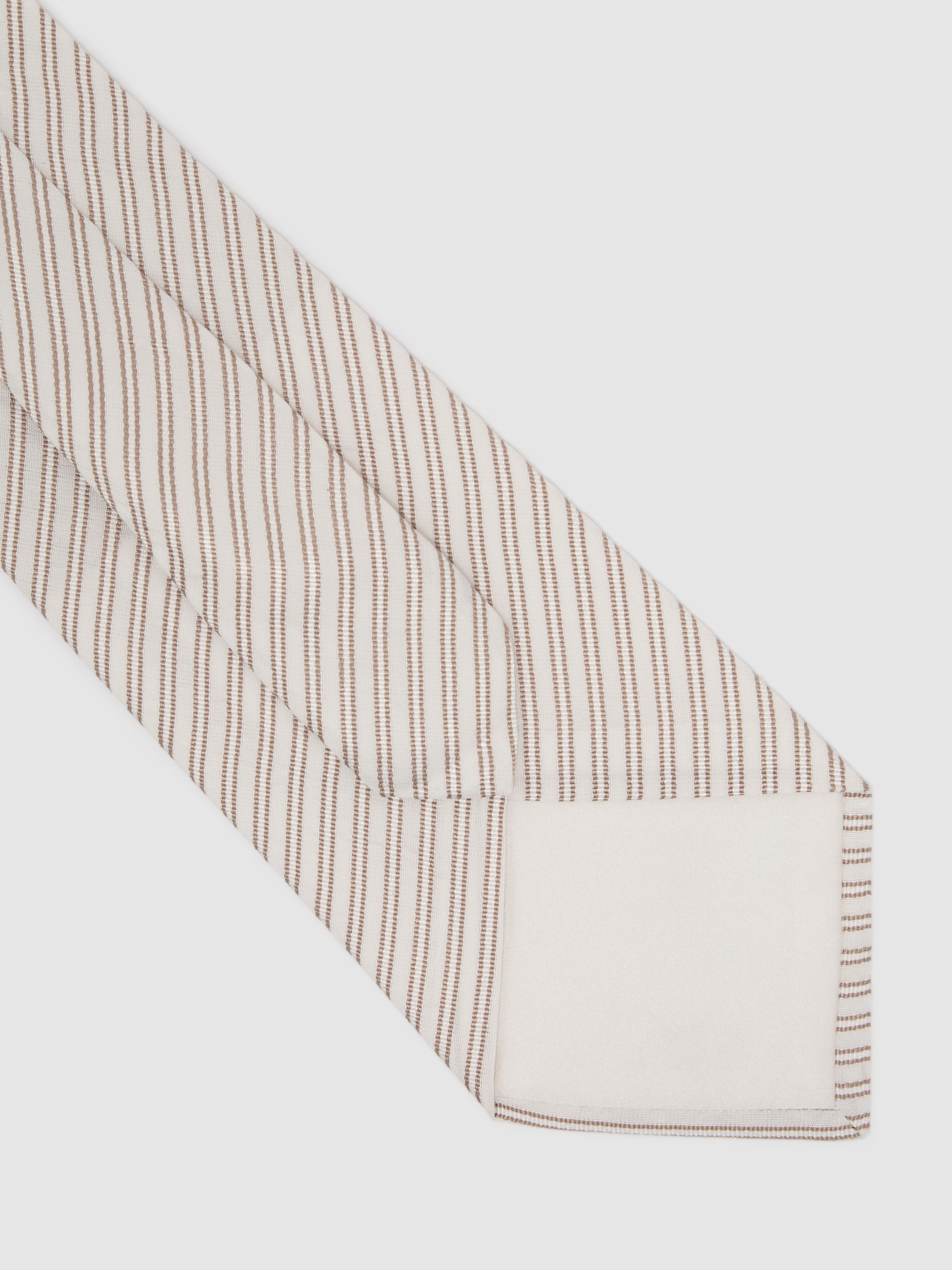 Cotton-Silk Stripe Seersucker Tie in White / Camel Brown - image 3