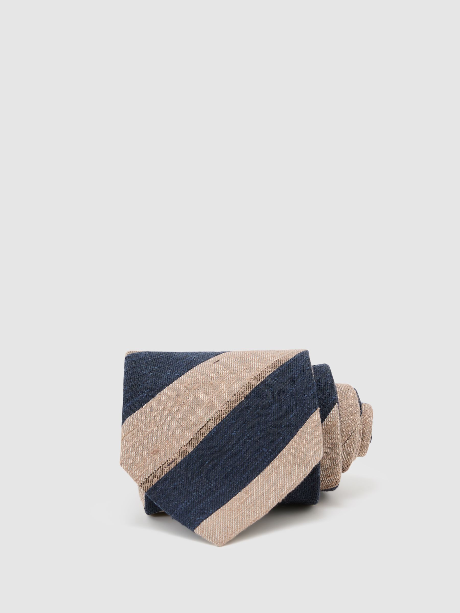 Silk-Blend Block-Stripe Tie in Navy/Taupe Brown - Image 1 of 5