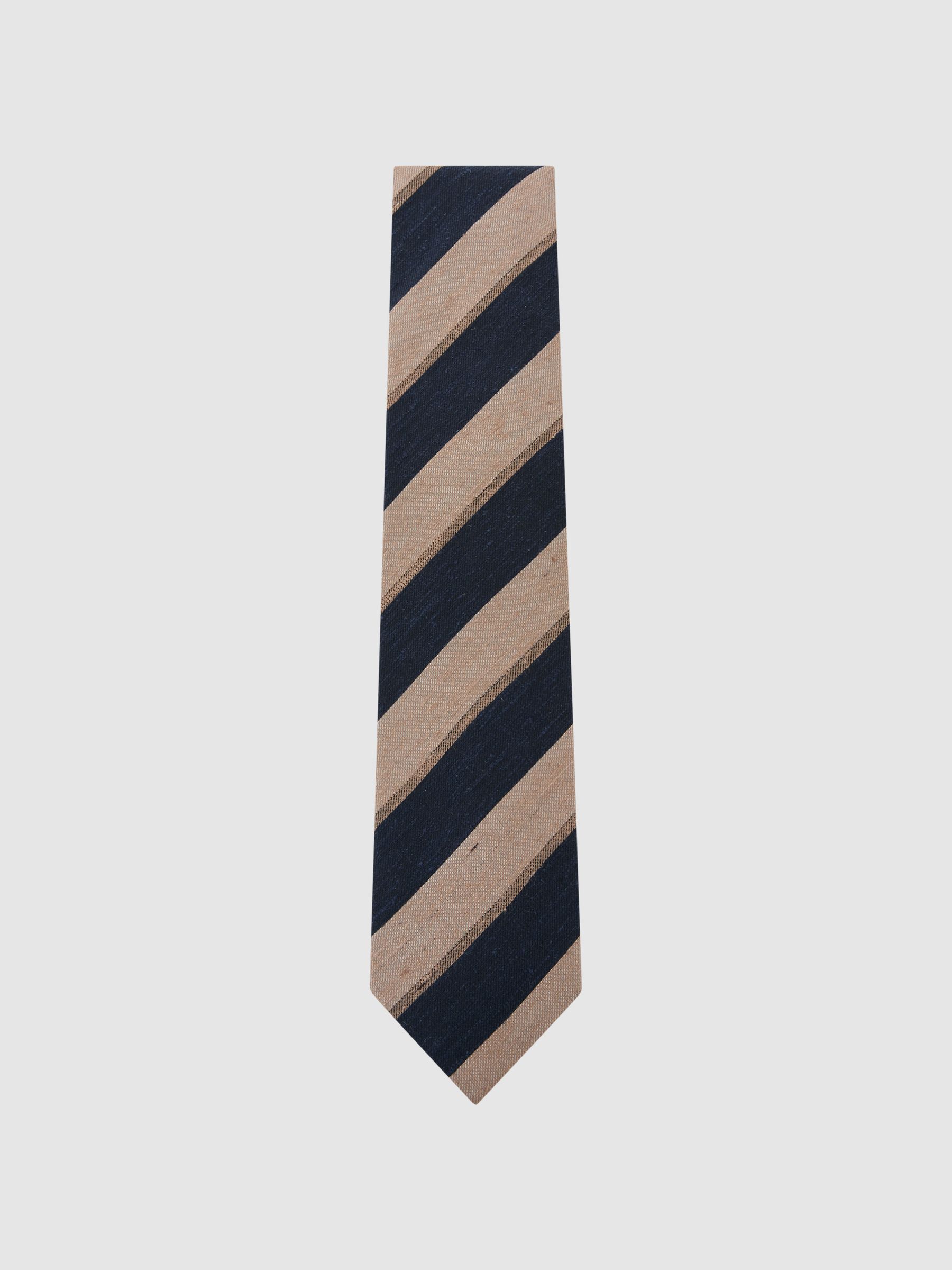 Silk-Blend Block-Stripe Tie in Navy/Taupe Brown - Image 2 of 5