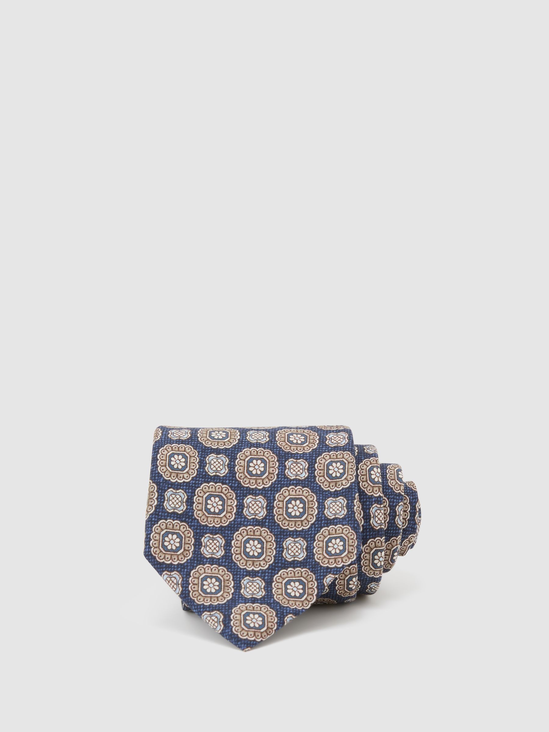 Silk Floral-Medallion Print Tie in Navy - image 1