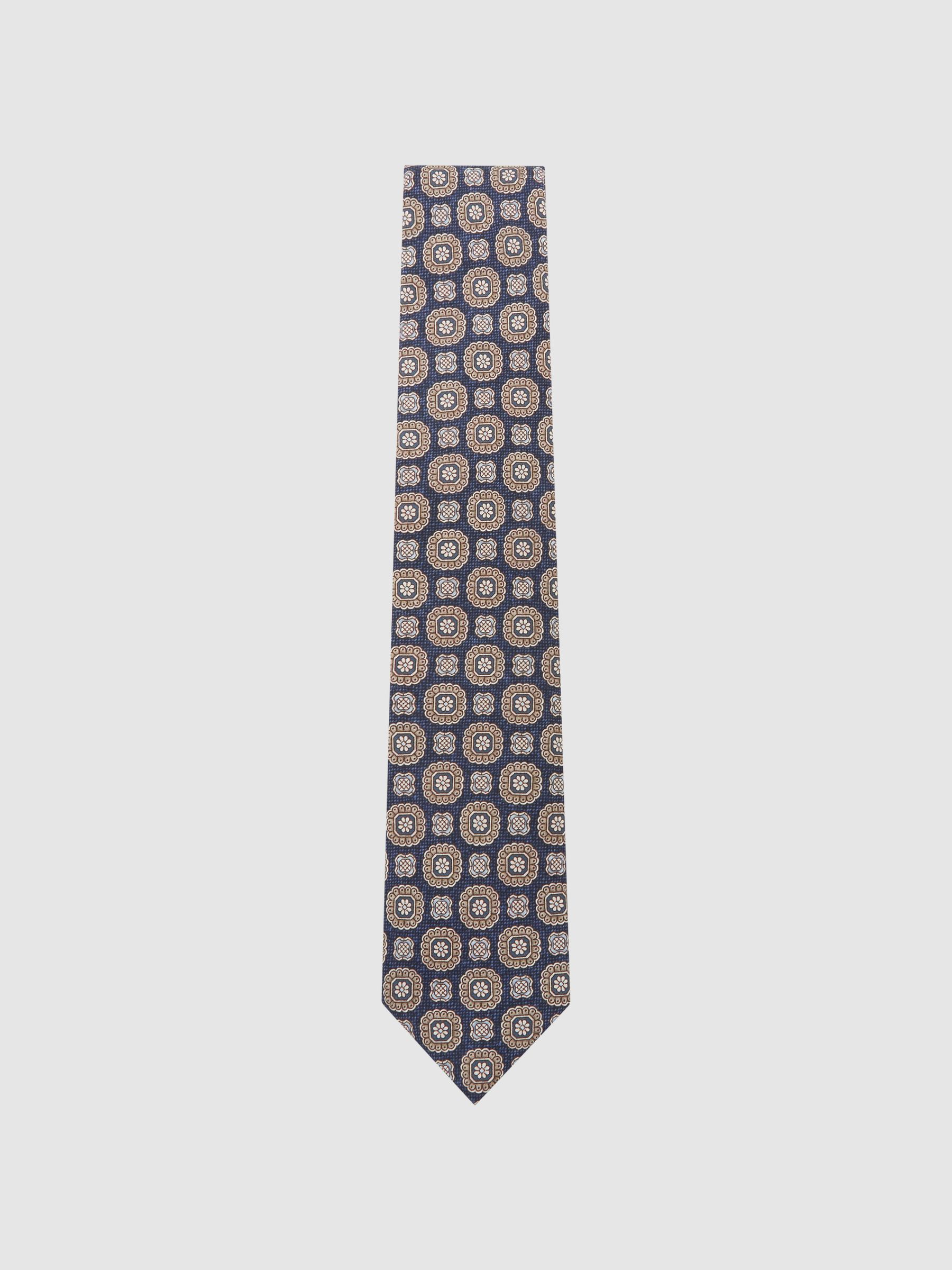 Silk Floral-Medallion Print Tie in Navy - image 5
