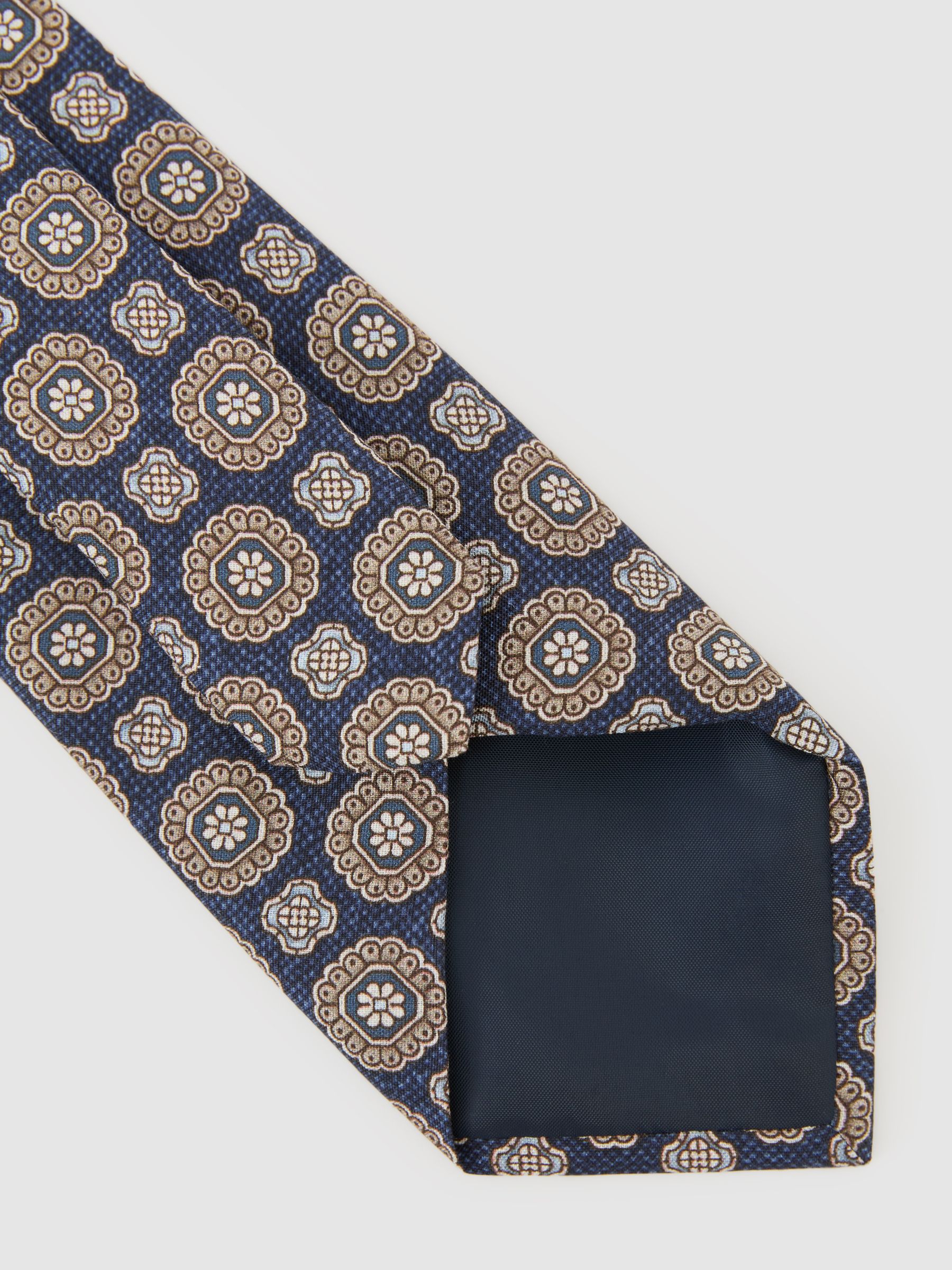 Silk Floral-Medallion Print Tie in Navy - Image 5 of 6