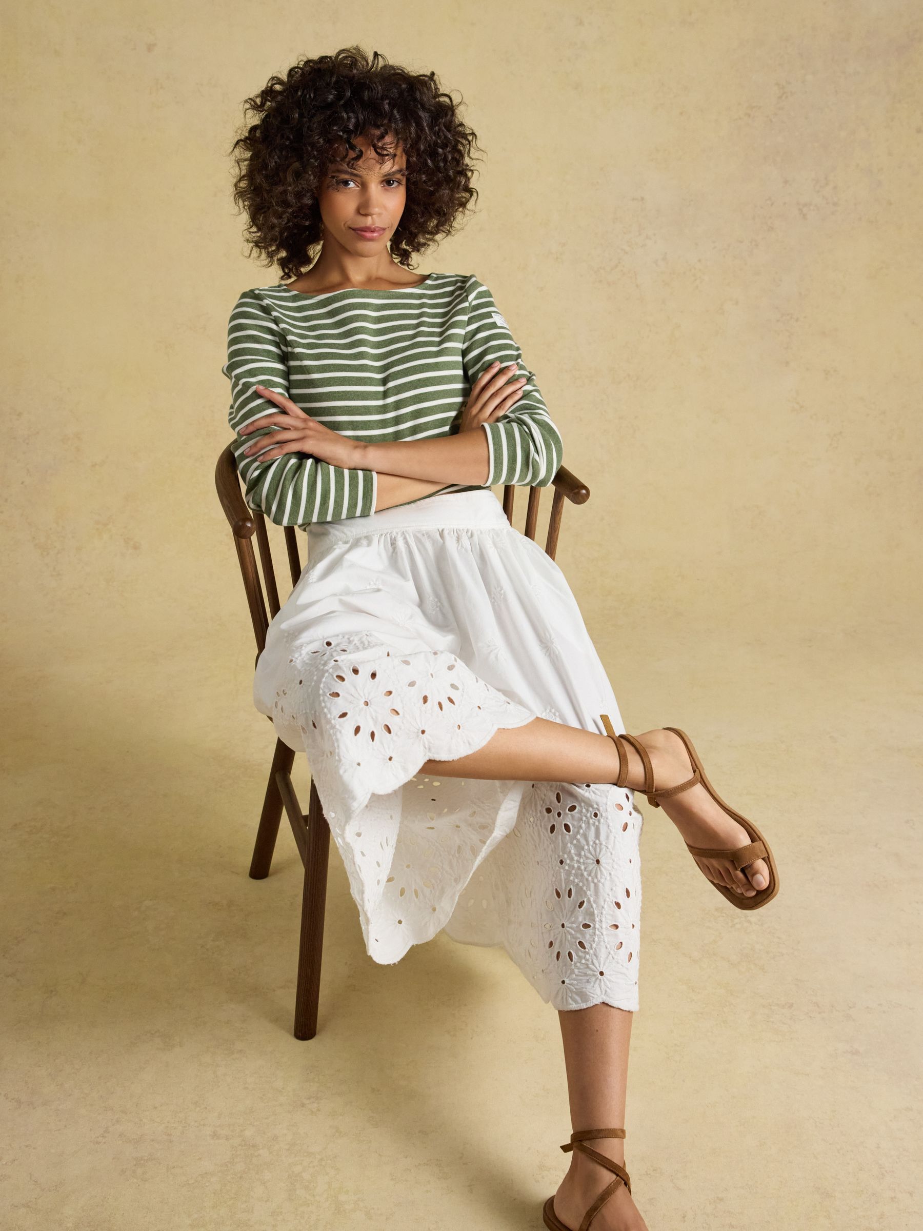 Harbour Khaki Marl & Cream Stripe Long Sleeve Striped Boat Neck Breton Top - Image 3 of 8