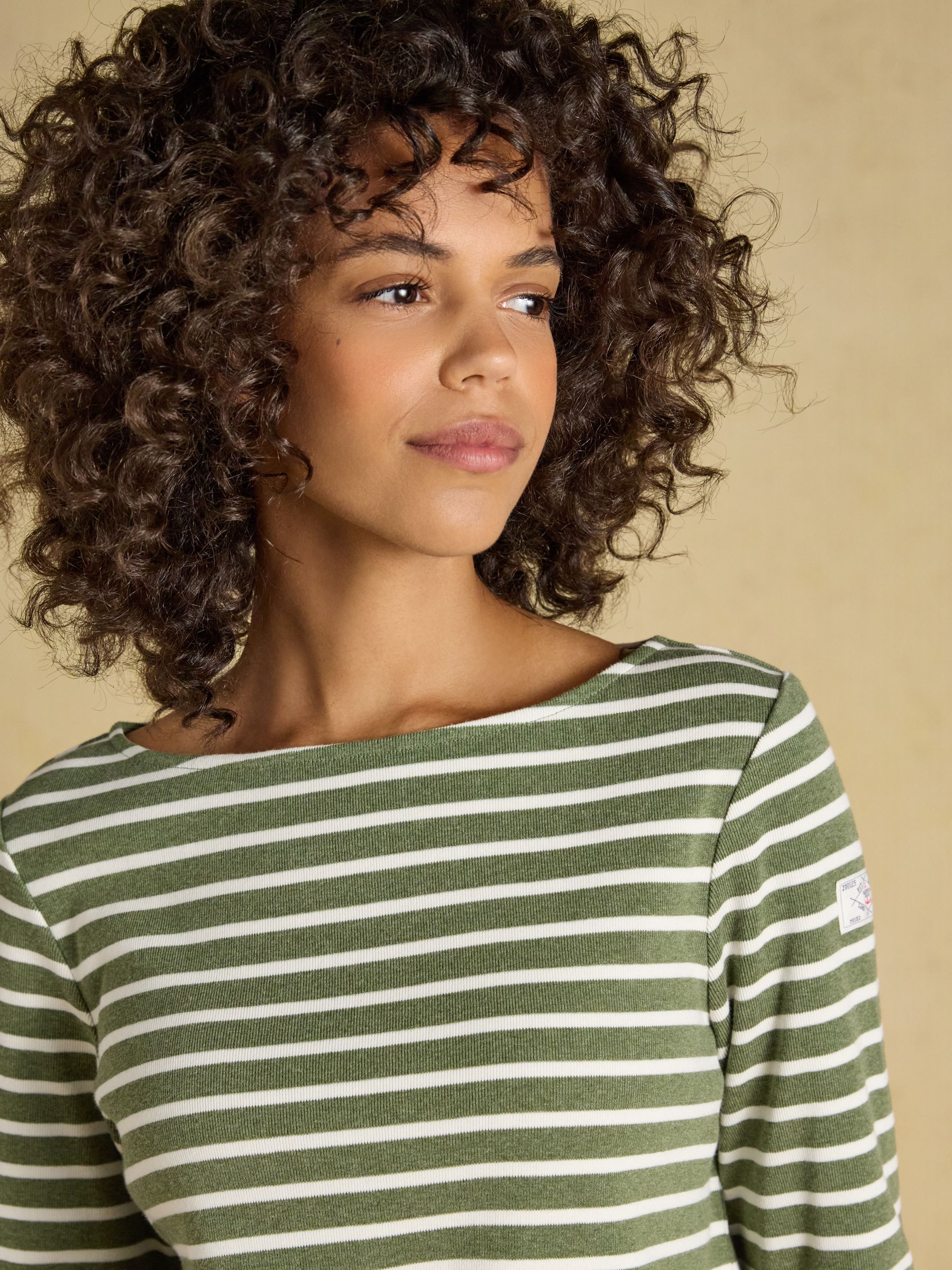 Harbour Khaki Marl & Cream Stripe Long Sleeve Striped Boat Neck Breton Top - Image 6 of 8
